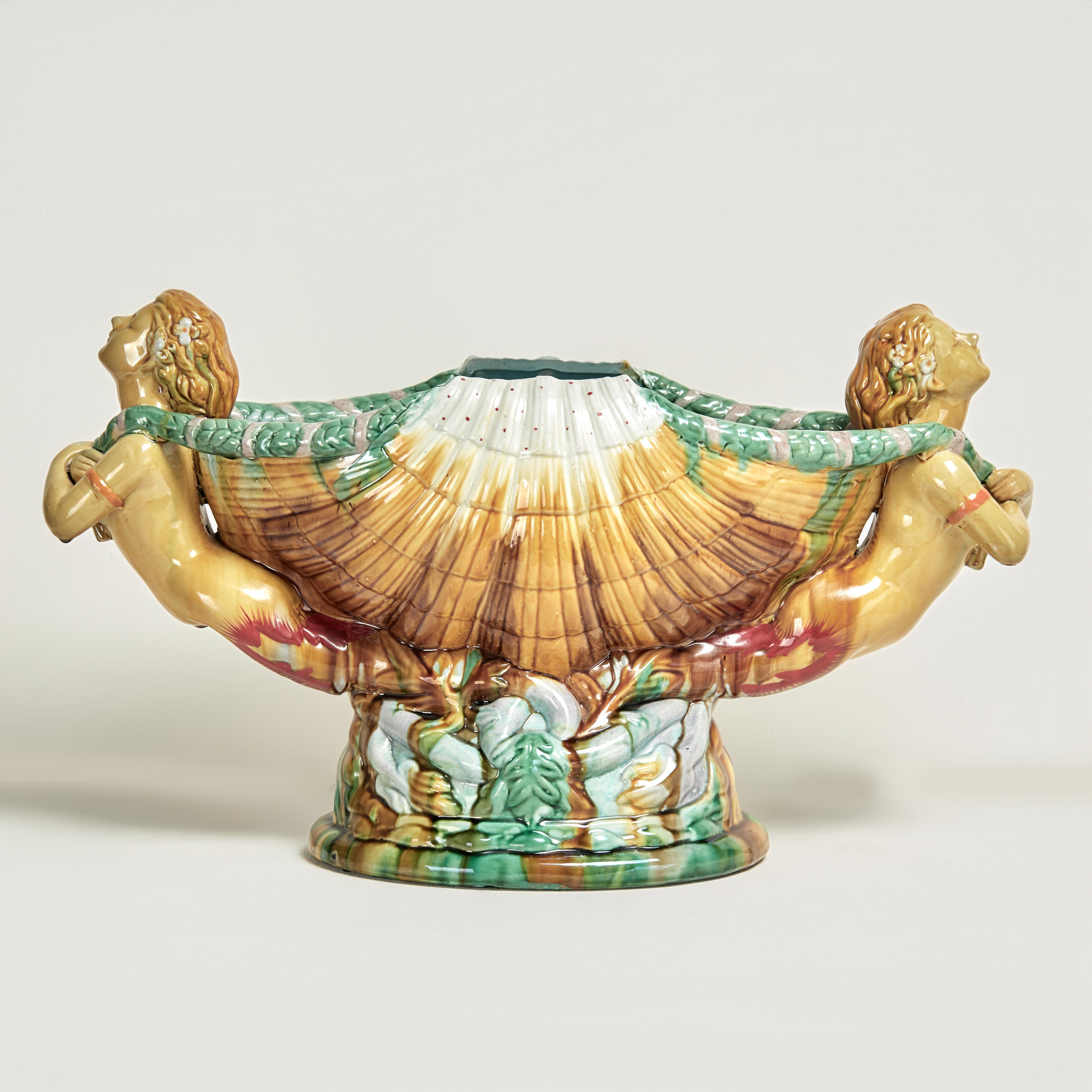 Unknown Figurative Sculpture - Antique Italian Majolica Centerpiece with Mermaids