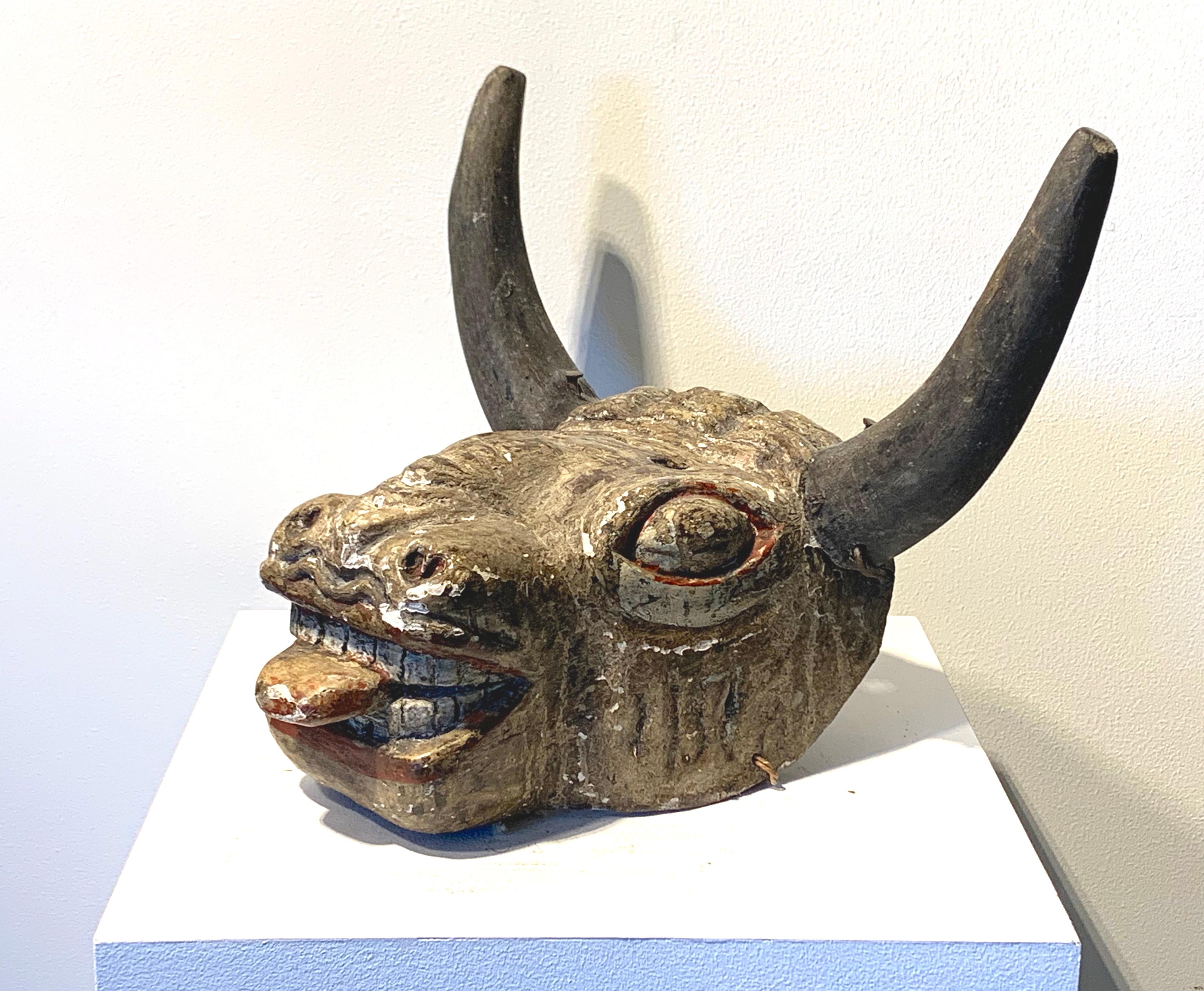 Unknown Figurative Sculpture - Antique Latin American Guatemalan Dance Mask Toro Bull