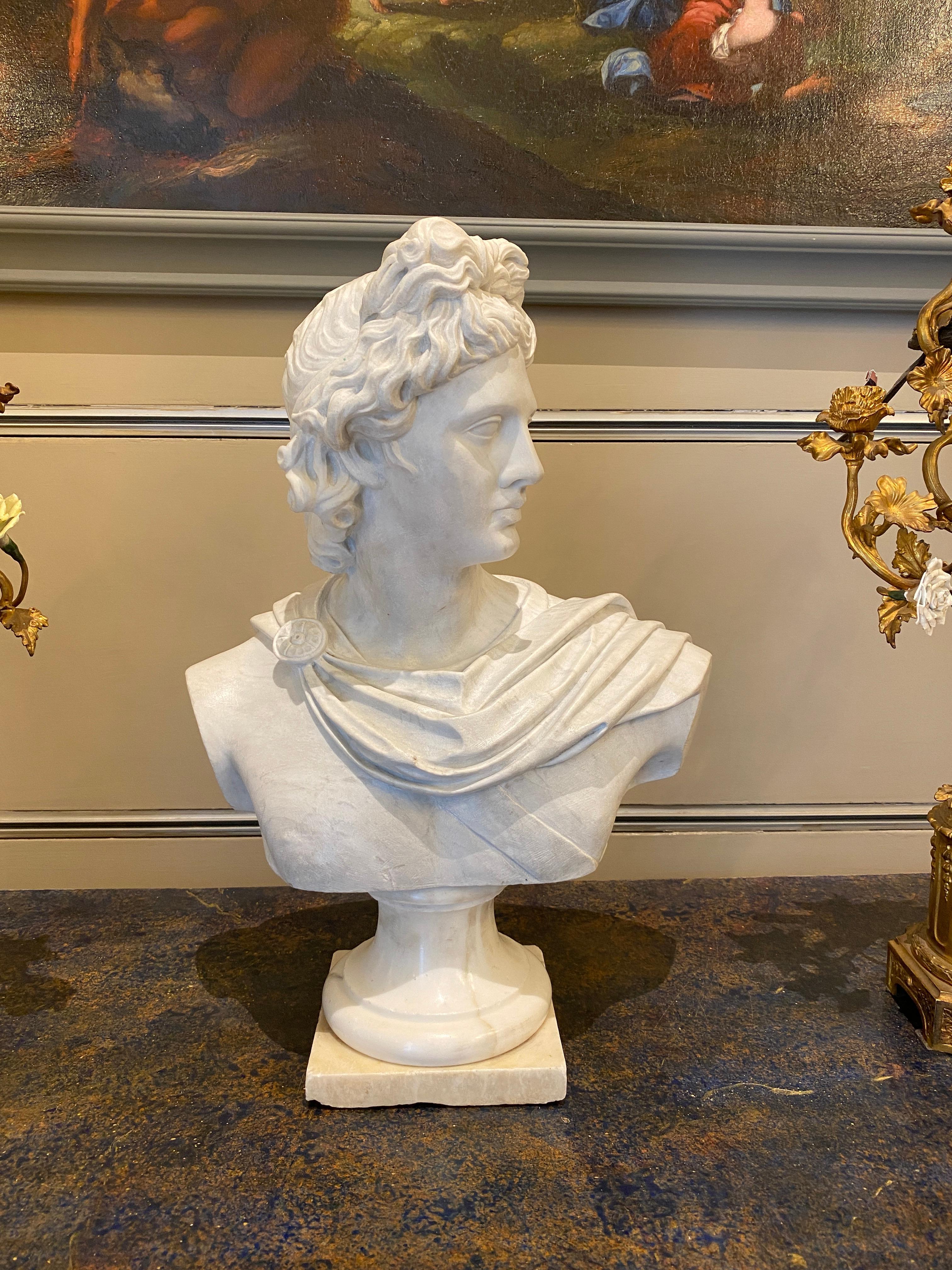 Tema mitológico finamente tallado en mármol blanco de Carrara de busto de Apolo .

