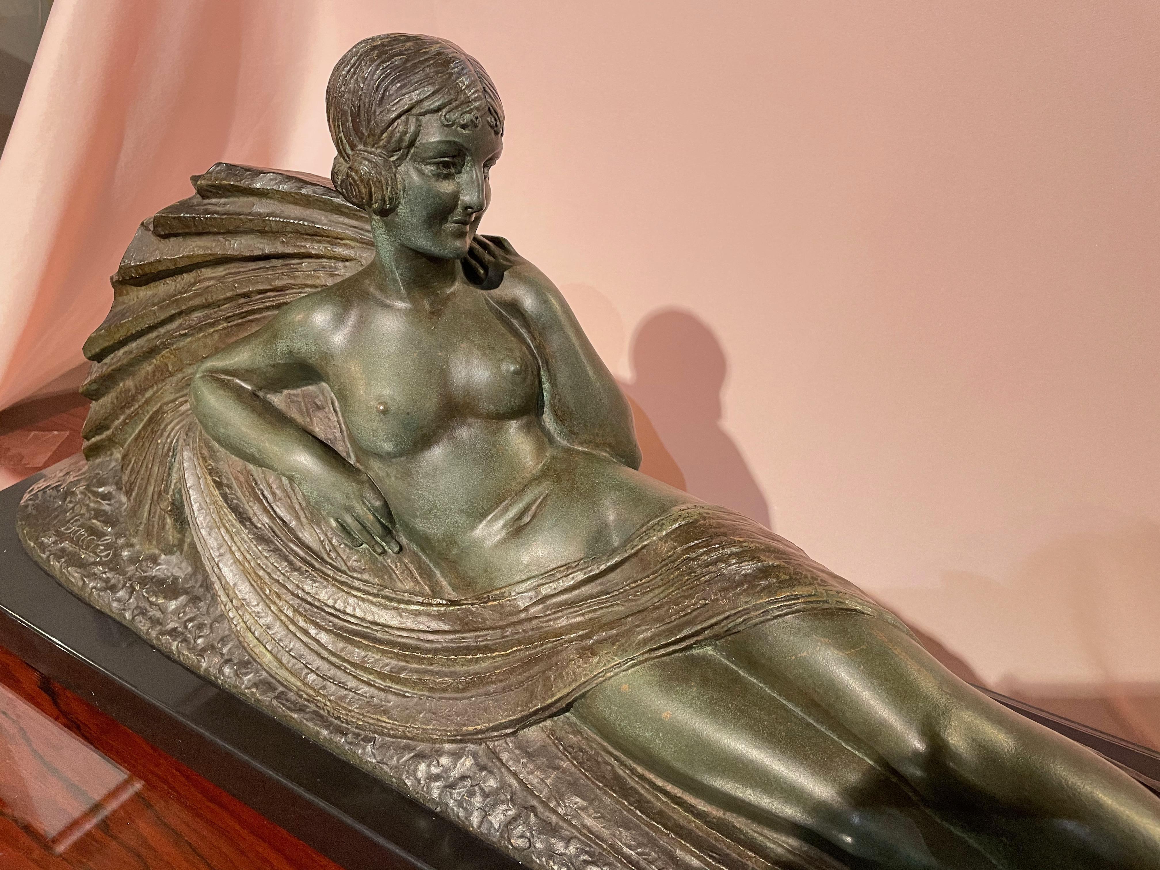Art Deco Bronze Sculpture Reclining Woman by Darcles For Sale 7