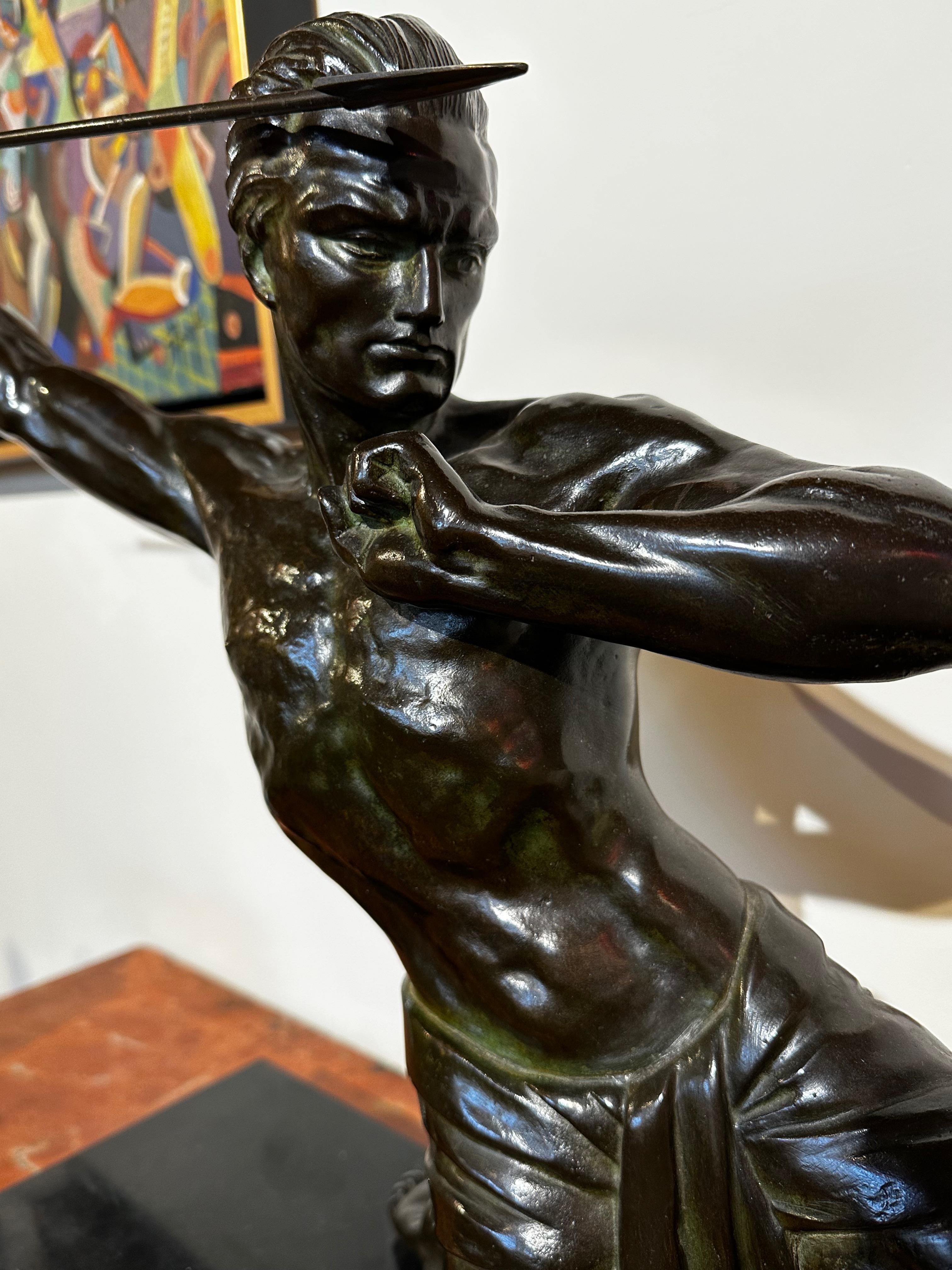 Art Deco Bronze Warrior Javelin Thrower by P. Hugonnet French 1930s - Gold Figurative Sculpture by Unknown