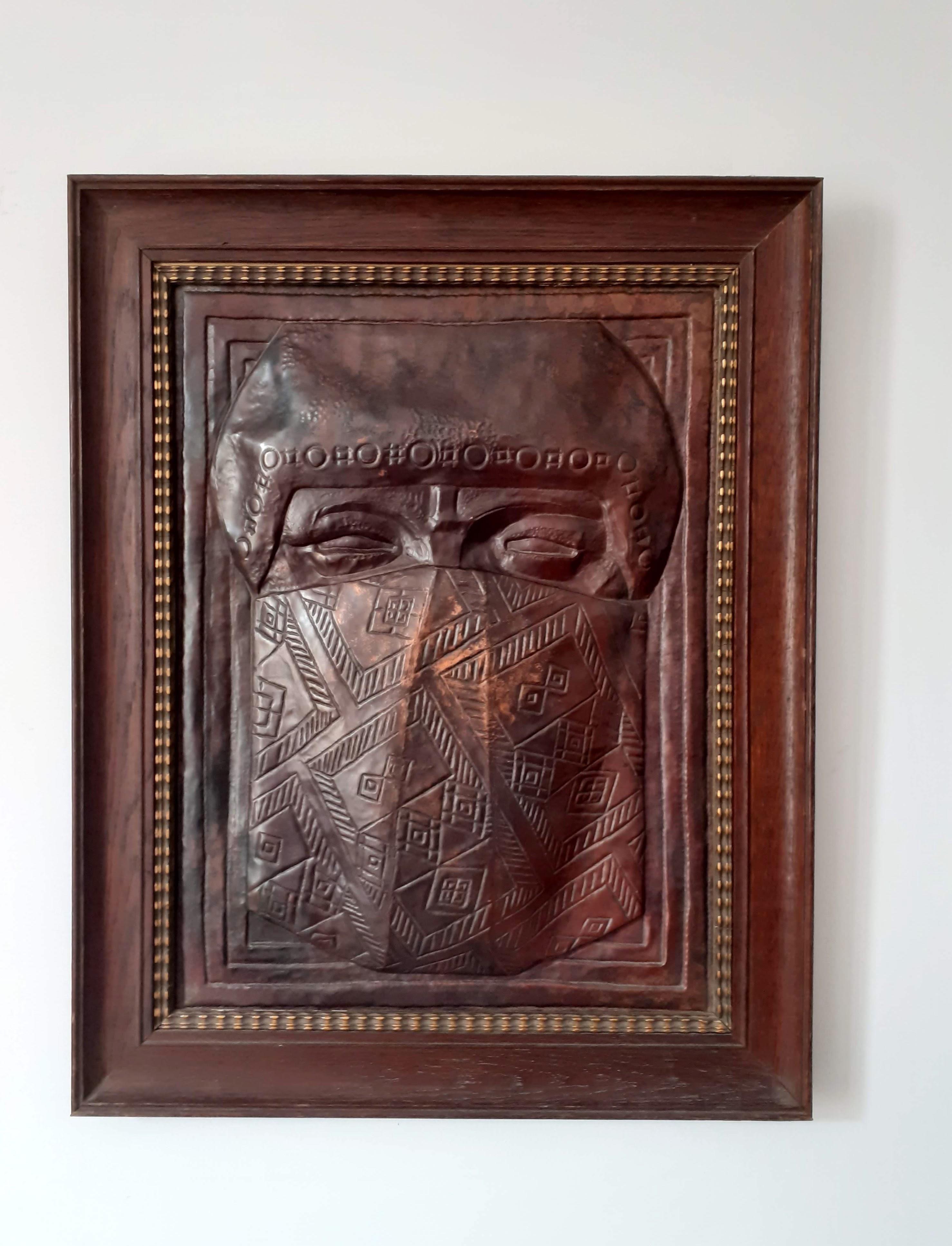 Art deco copper relief wall panel exotic veiled male bedouin sculpture - Sculpture by Unknown