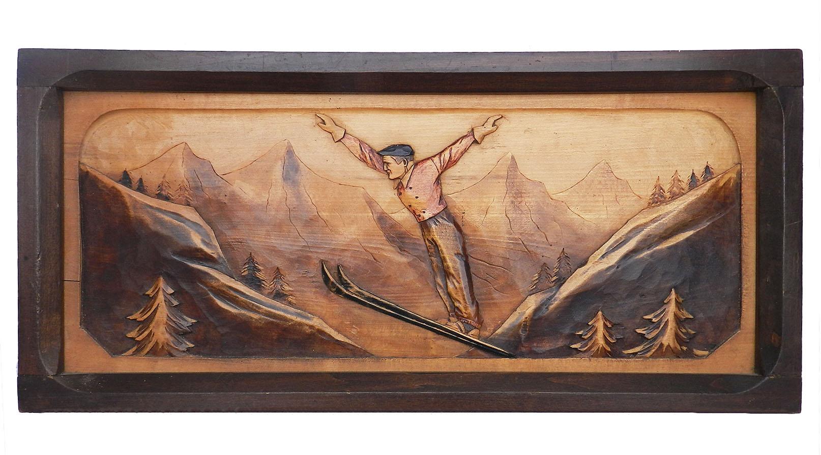 Art Deco Wall Plaque of a Basque Skier in the Pyrenees Mountains carved wood c1930
Bas relief sculpture
Very good condition well executed with highlight colours to wood now slightly faded due to age which has enhanced its character ...glorious