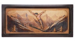 Art Deco Wall Plaque Skier Bas Relief Sculpture carved wood Pays Basque Pyrenees