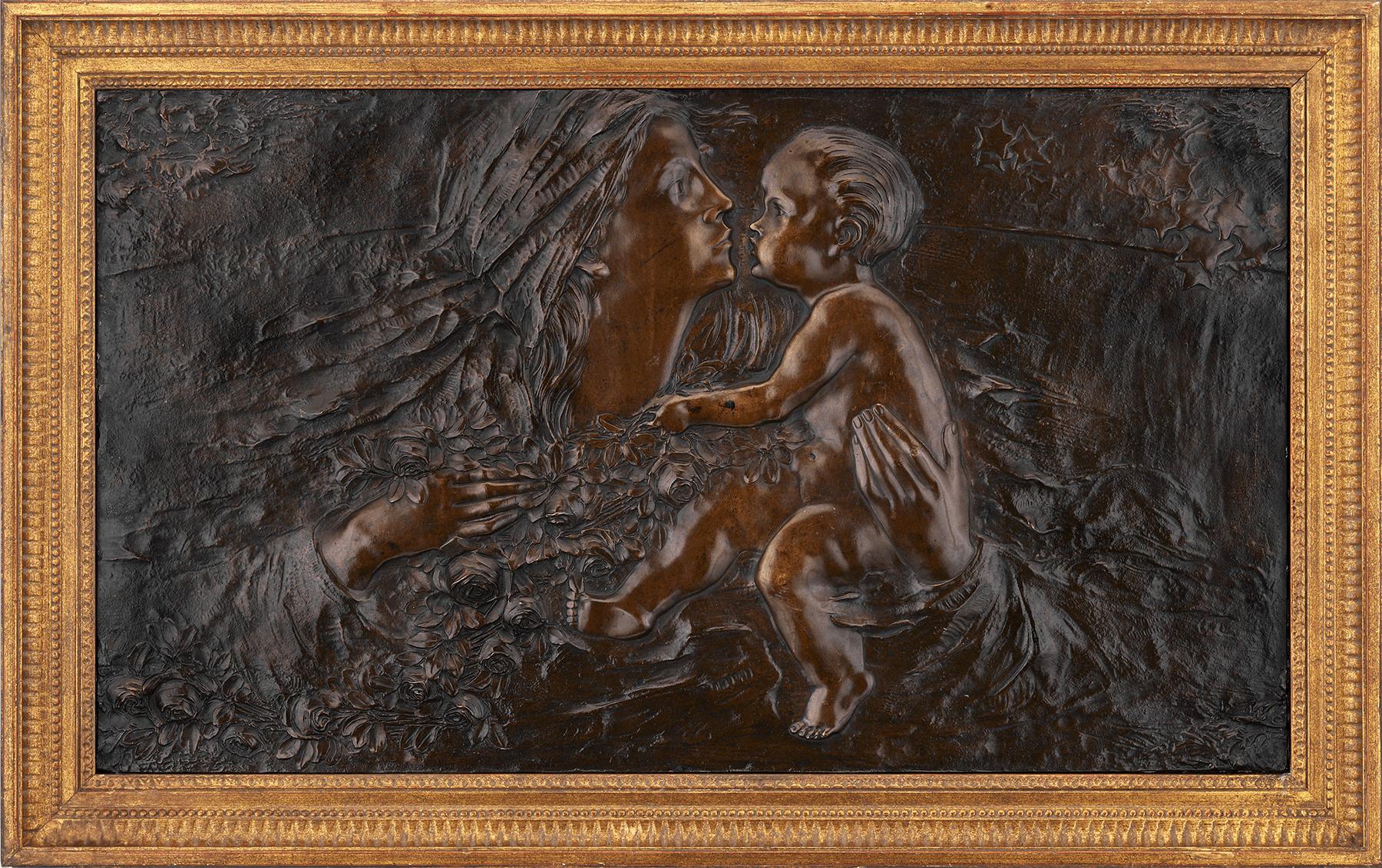 Art Nouveau Mother and Child Bronze Plaque - Painting by Unknown