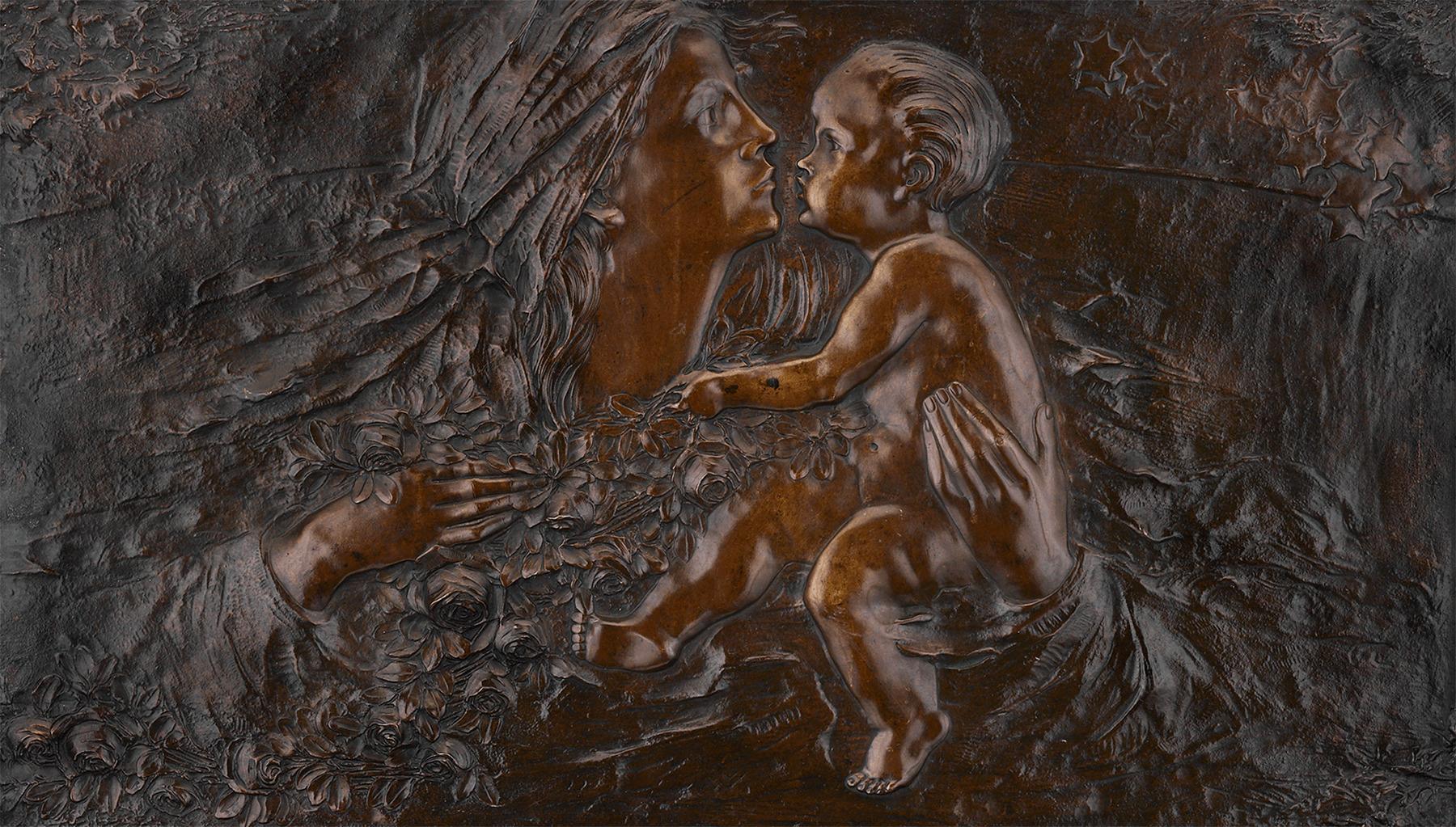 Unknown Figurative Painting - Art Nouveau Mother and Child Bronze Plaque
