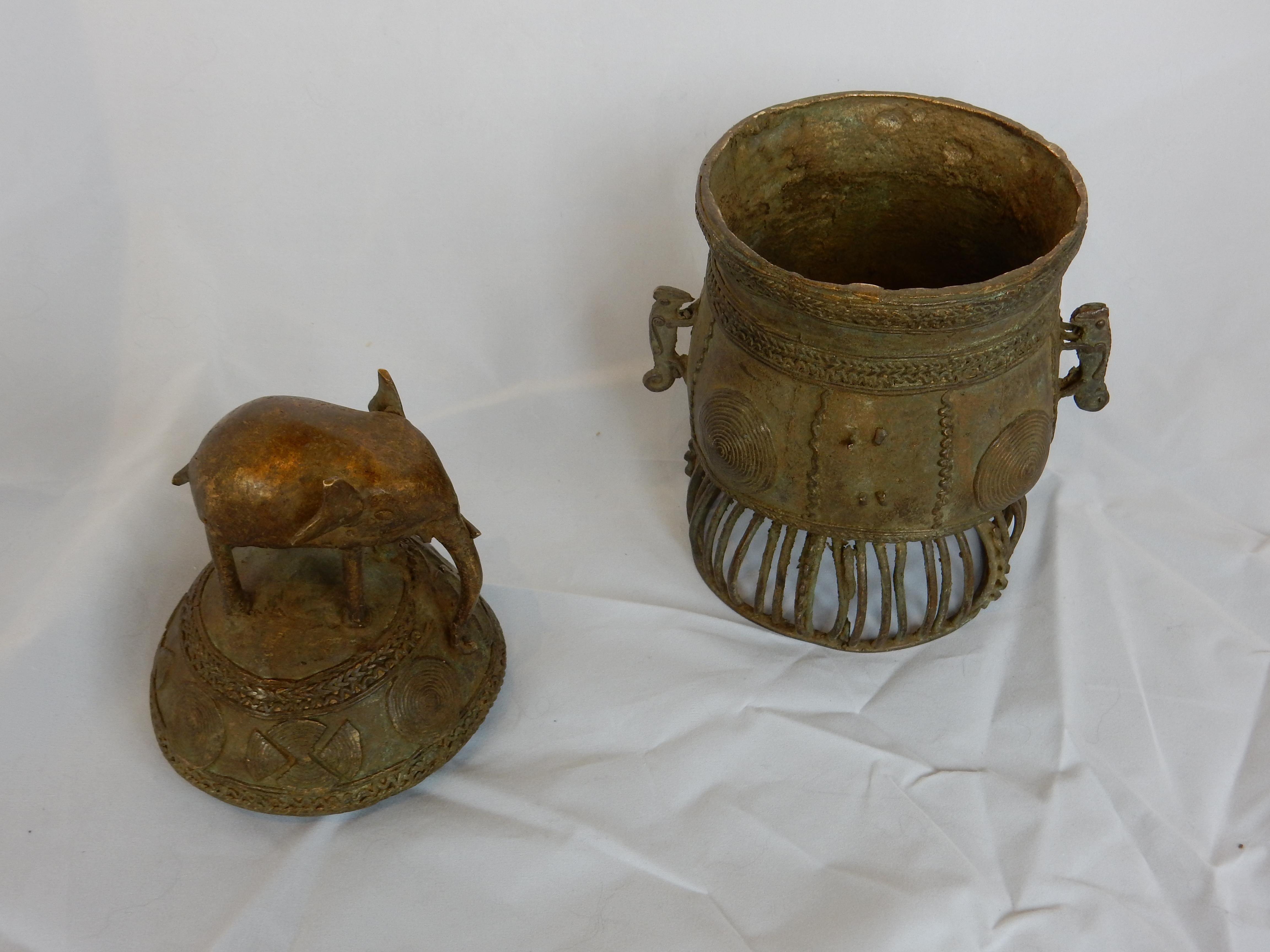 Elephant lidded kuduo container from the Ashanti peoples of Ghana. Kuduo were created to store valuable possessions such as gold dust and served the symbolic purpose of safeguarding their owners' kra, or lifeforce. They played an essential role in