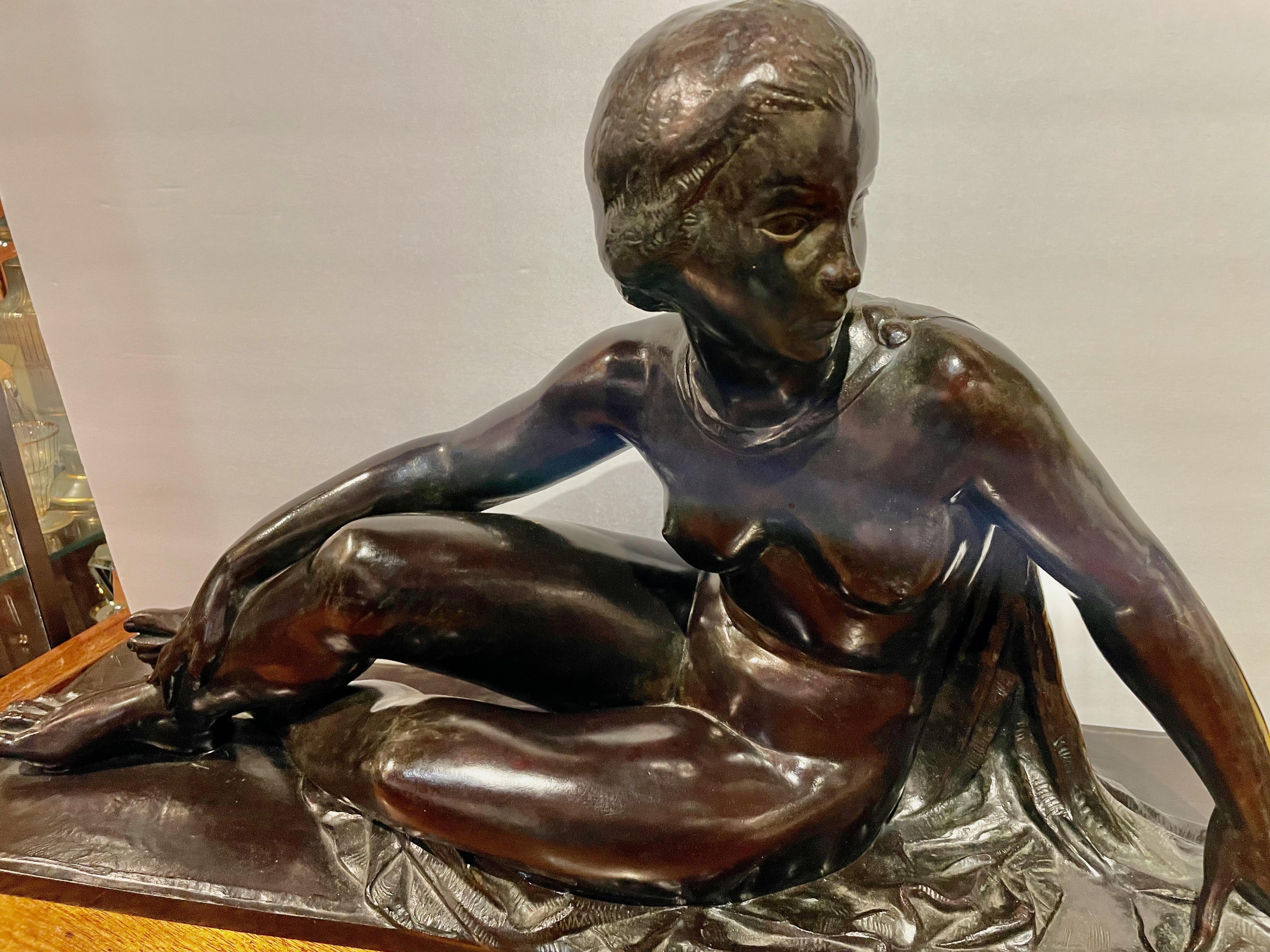 Auguste Guénot, French Art Deco Sculptor 1924 Reclining Female Model “Nymphe” 1st Edition. Influential artist with many monumental and public works. Auguste Guénot was born on October 25, 1882, in Toulouse (Haute-Garonne). Son of a master