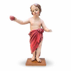 „Bambin Gesù con Cuore“ (Kind Jesus mit Herz) – Italienische Barock-Holzskulptur aus dem 17. Jahrhundert, lackiert