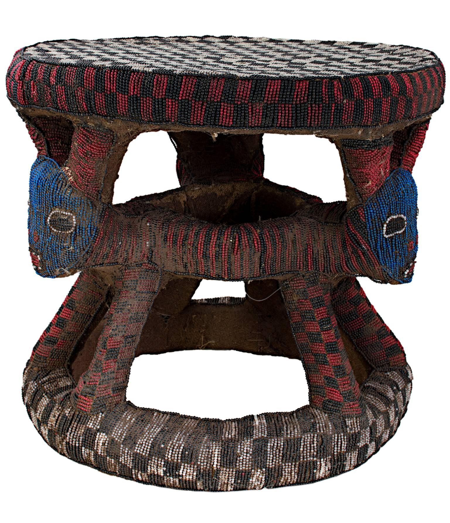 "Bamou Stool Used by Cattle Owner -- Cameroon, " Wood, Cloth, & Beads from Africa - Sculpture by Unknown