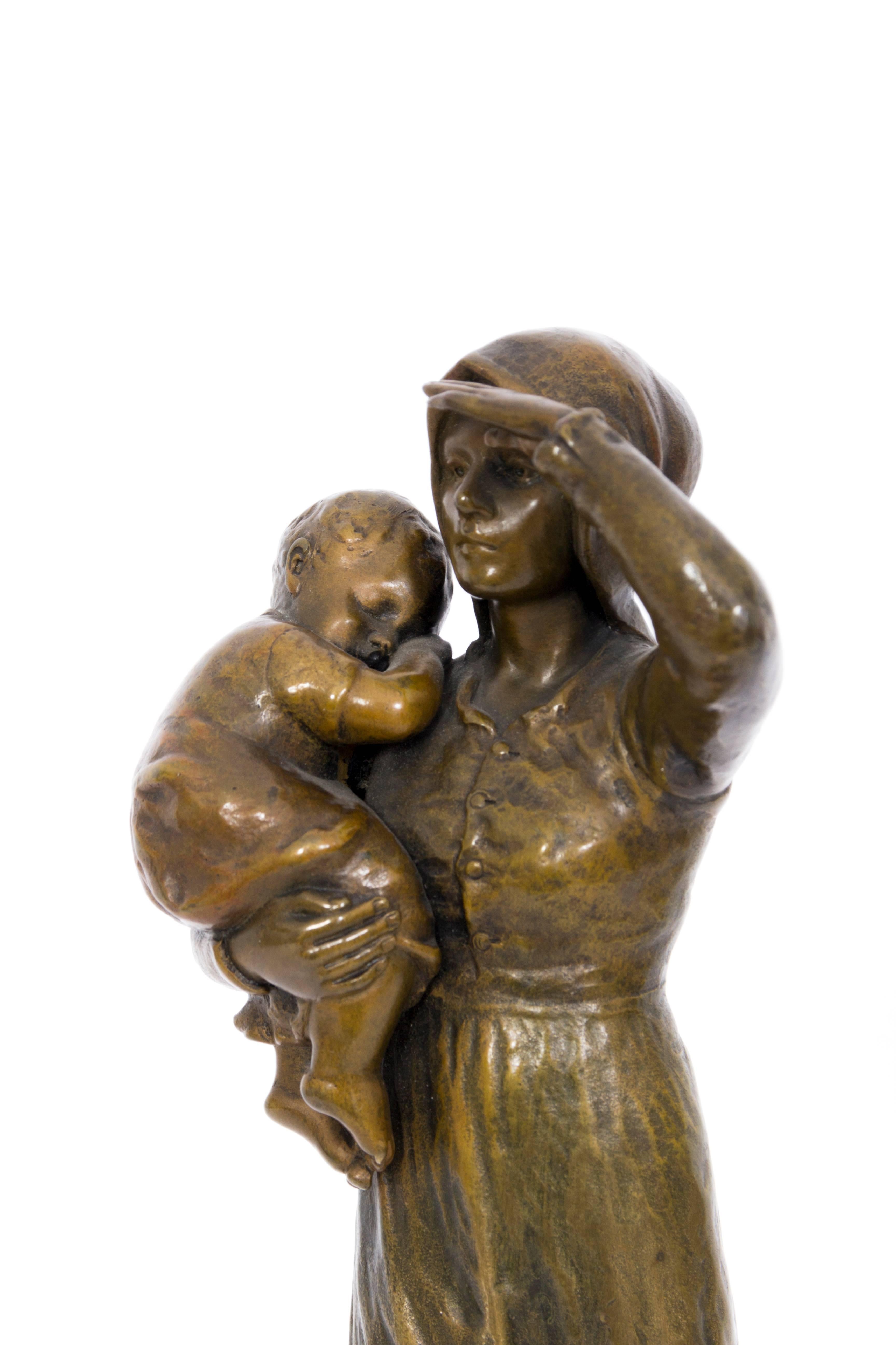 Bäuerin mit Kleinkind (Farmwoman with Child) - Bronze, Rural, around 1900 - Sculpture by Unknown