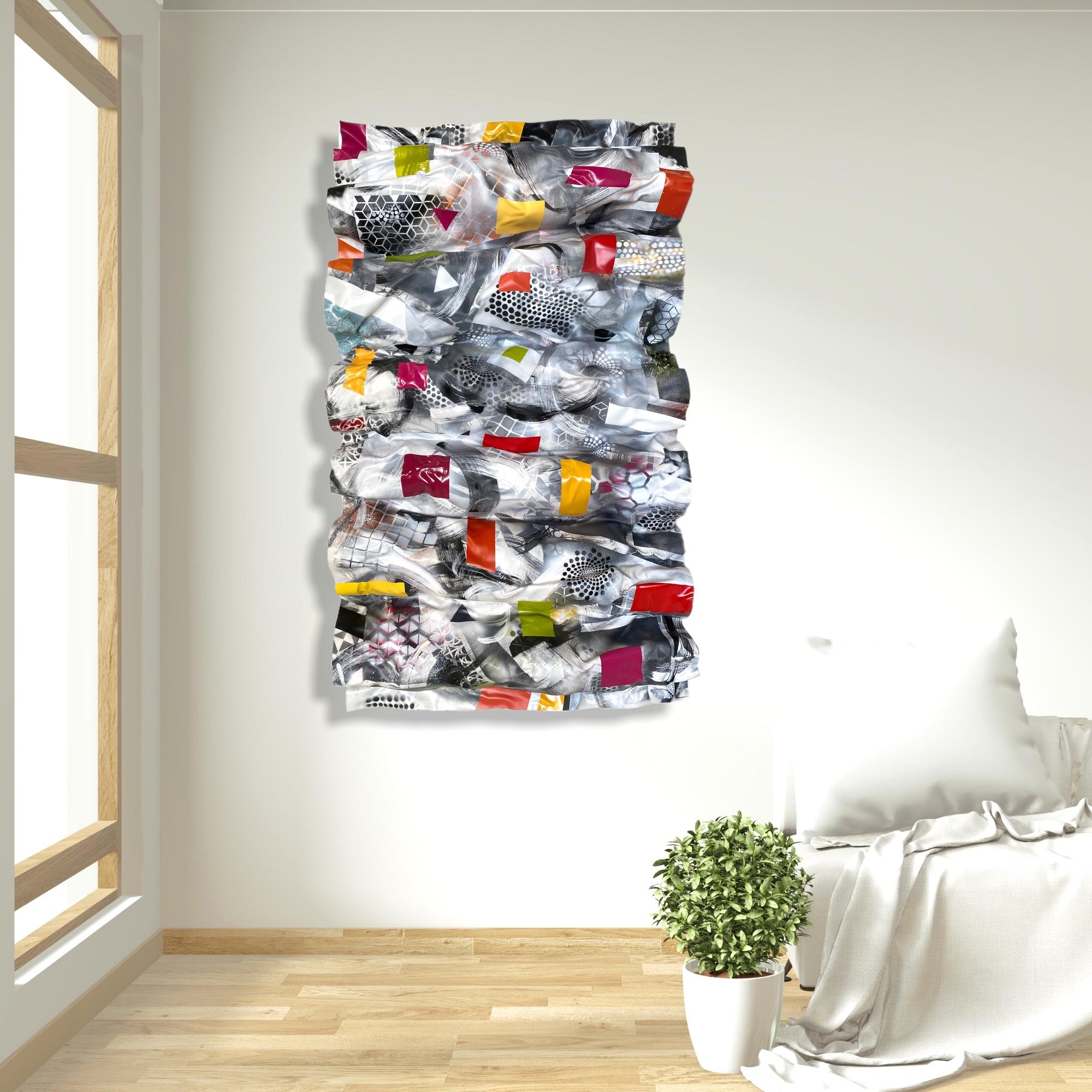 Black & White Waves.Abstract, geometric, street art, Wall Plexiglass Sculpture  - Gray Abstract Painting by Cari Cohen