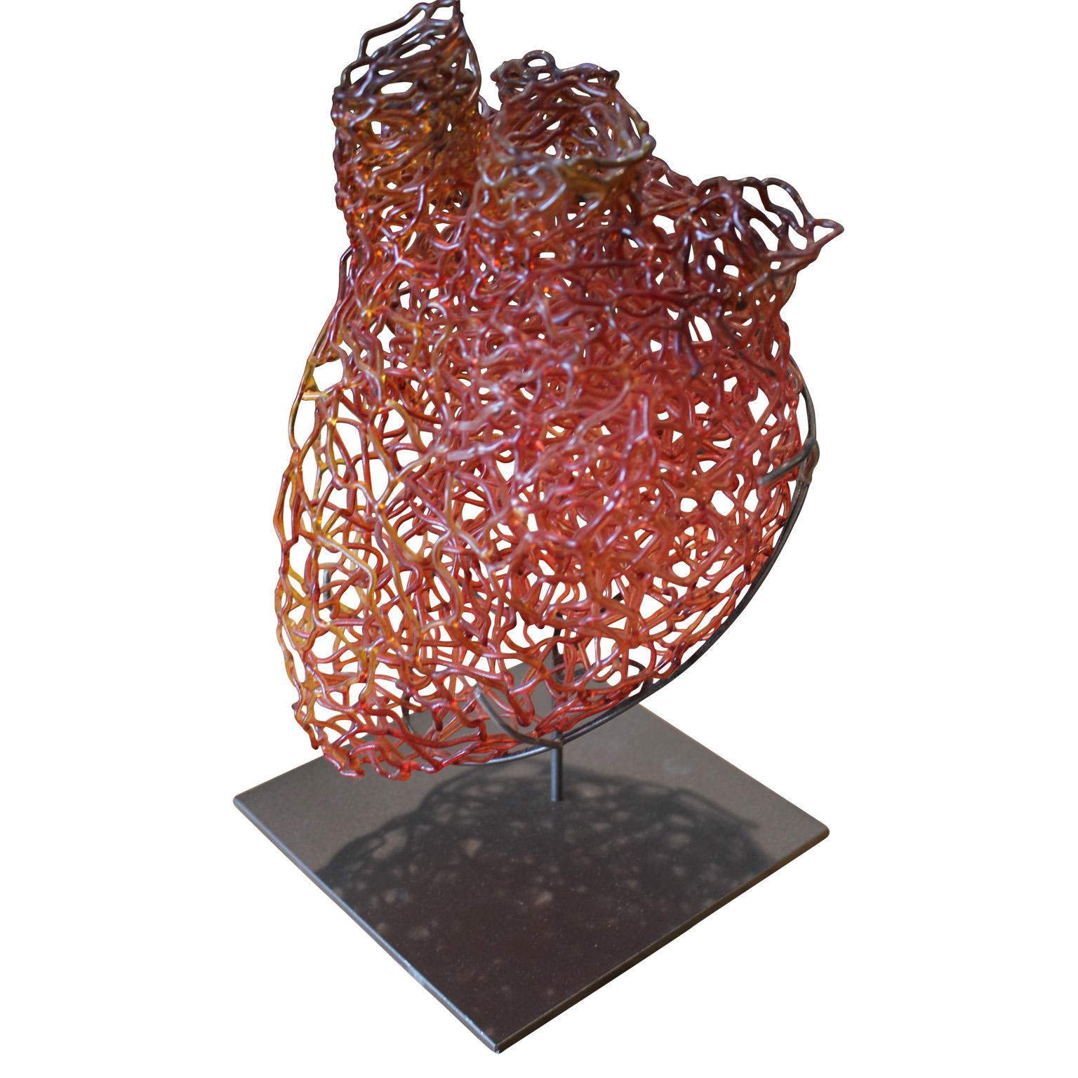 Unknown Abstract Sculpture - Blown Glass Red and Orange Anatomical Heart Sculpture