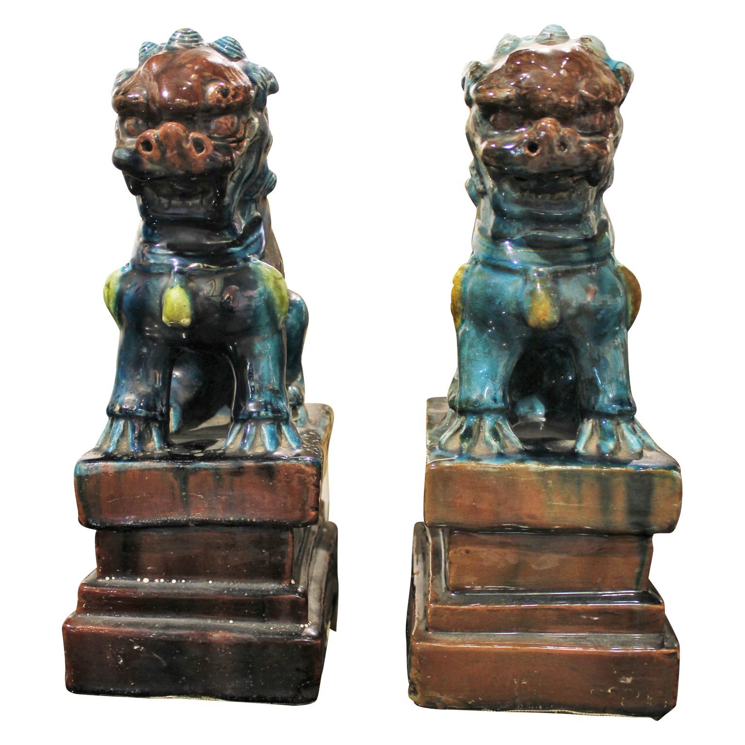 Blue Flambe Foo Dog Bookends  - Naturalistic Sculpture by Unknown