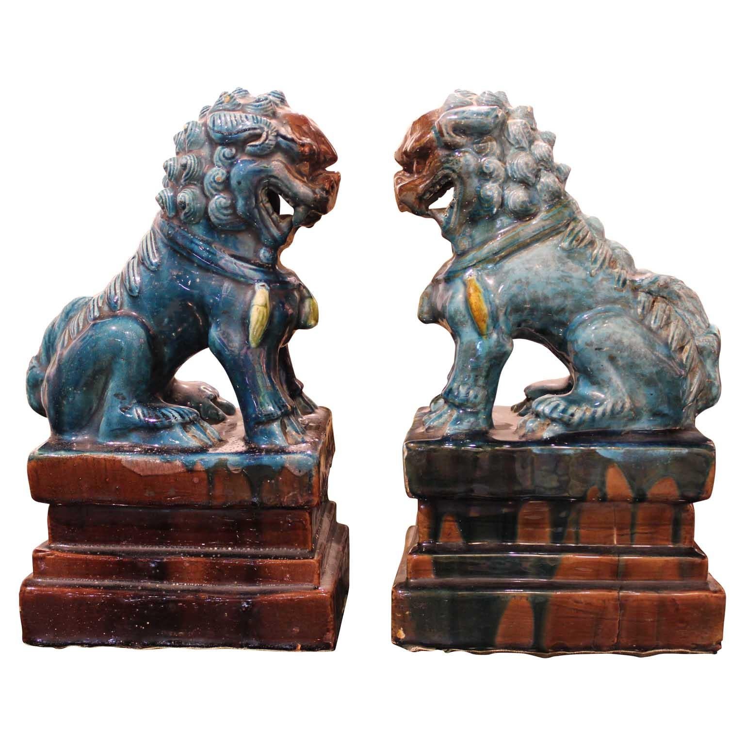 Blue Flambe Foo Dog Bookends  - Sculpture by Unknown