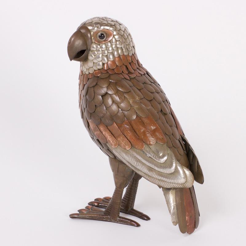 Brass and Copper Parrot Sculpture in the Style of Bustamante For Sale 1