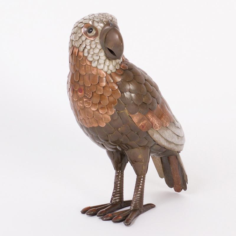 Brass and Copper Parrot Sculpture in the Style of Bustamante