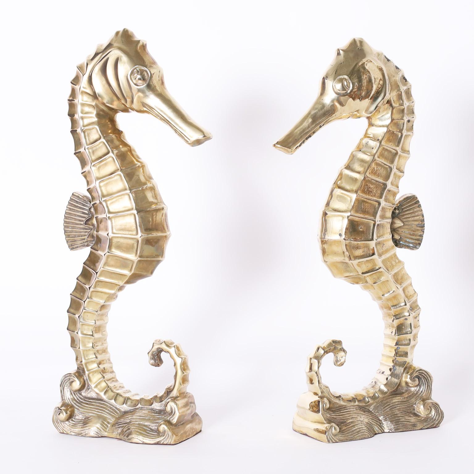 Striking vintage cast brass seahorse sculpture or object of art with a dramatic stylized form.

Please see our other listing for the pair.