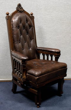 Antique British Oak Captain's Chair with His Carved Steam-Sail Ship 