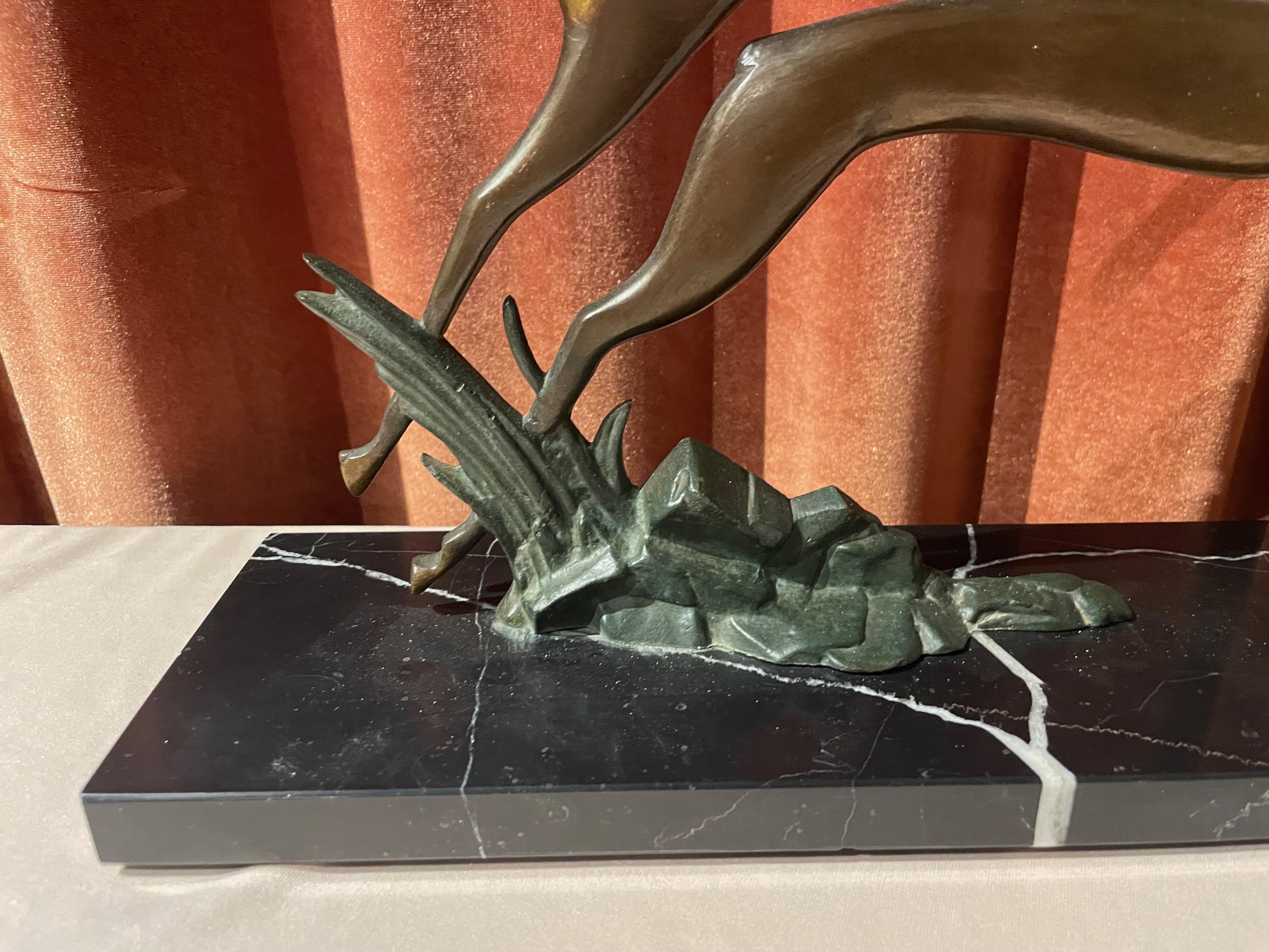Bronze Art Deco Pair of Leaping Gazelle on Marble Base - Sculpture by Unknown