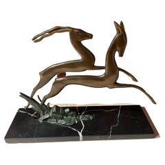 Vintage Bronze Art Deco Pair of Leaping Gazelle on Marble Base