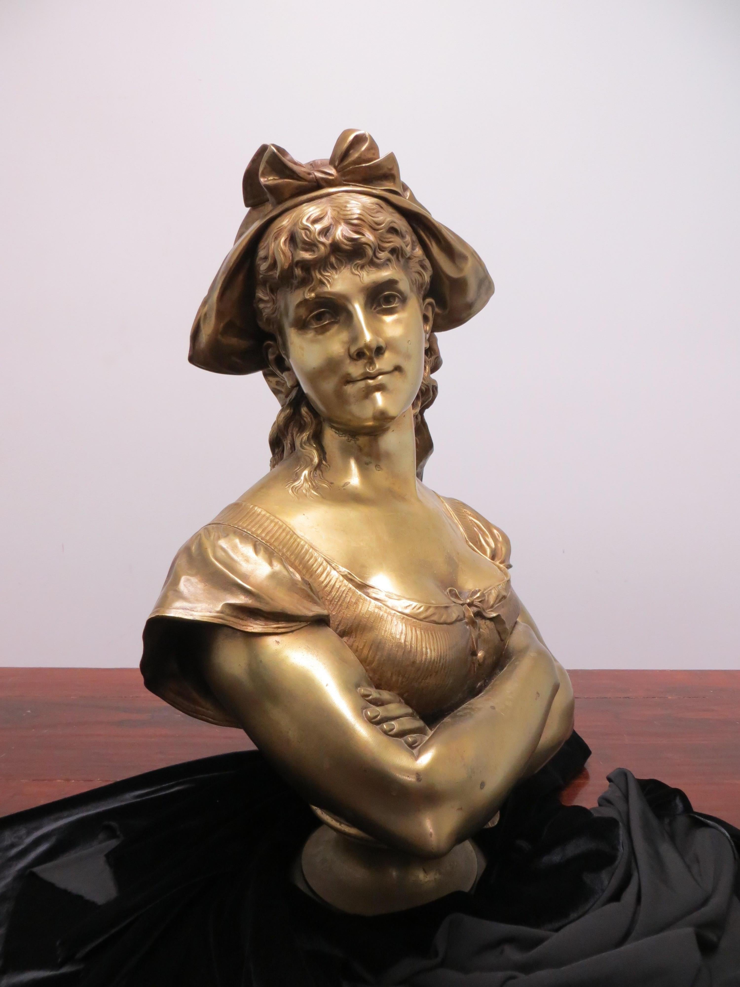 Bronze Bust Lady After Leop Harze - Romantic Sculpture by Unknown