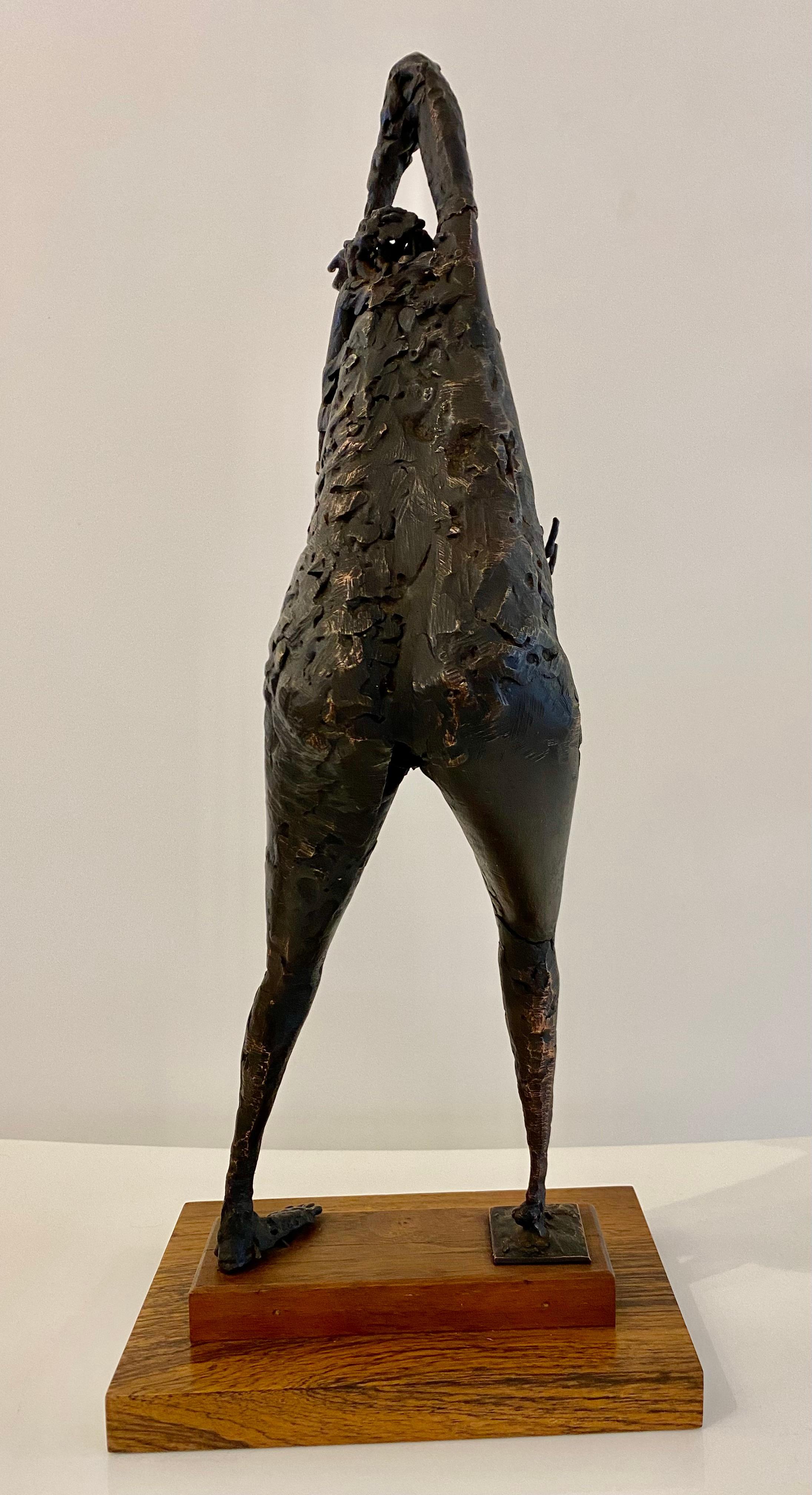 Cette figure abstraite en bronze est l'œuvre de l'artiste californien Robert Stoller (1936-). De loin, la position et la texture de la figure ressortent de cette pièce. La sculpture est patinée dans une riche finition de bronze hépatique et est