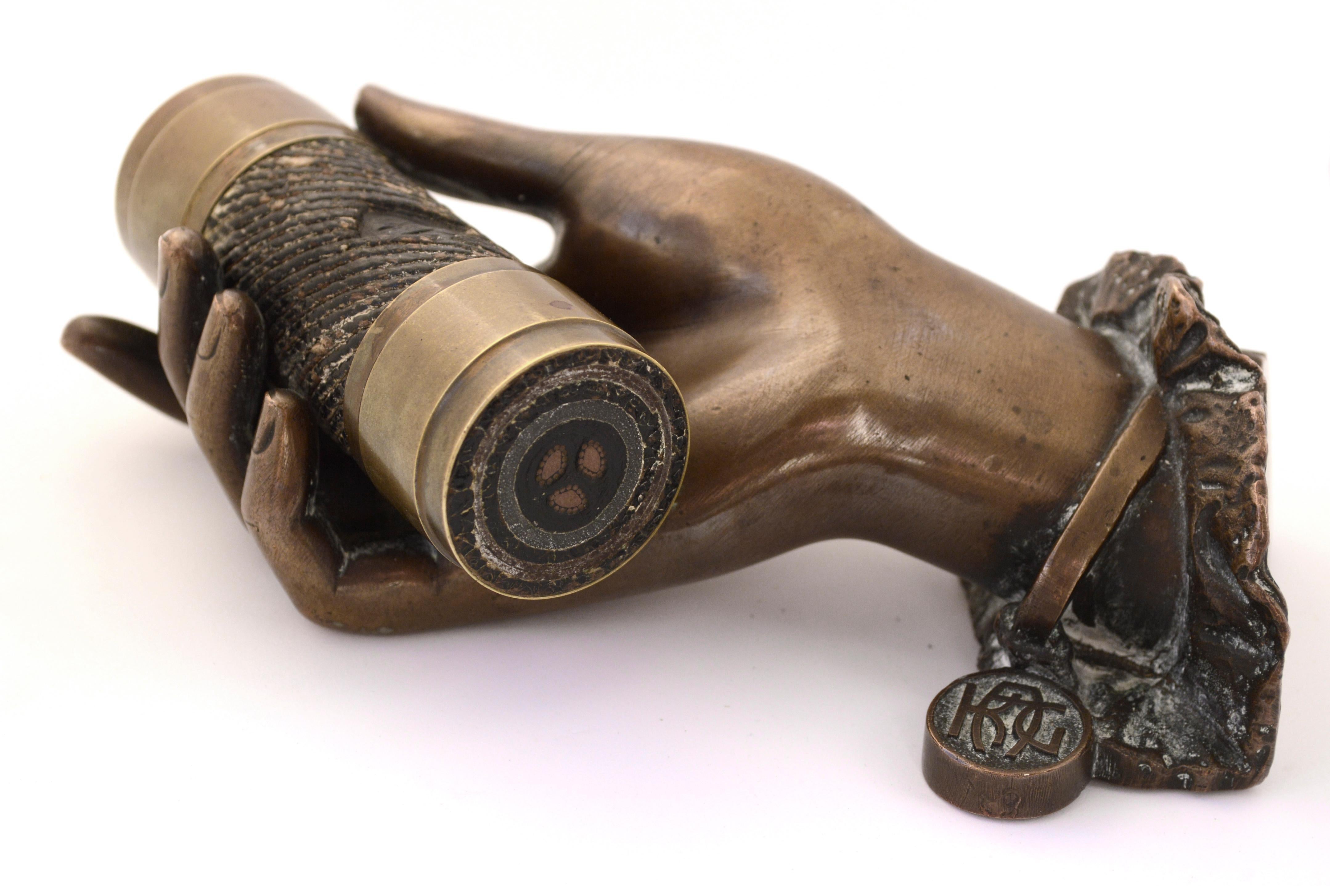 Unknown Figurative Sculpture - Bronze Hand Holding Transatlantic Telegraph Underground Power Cable