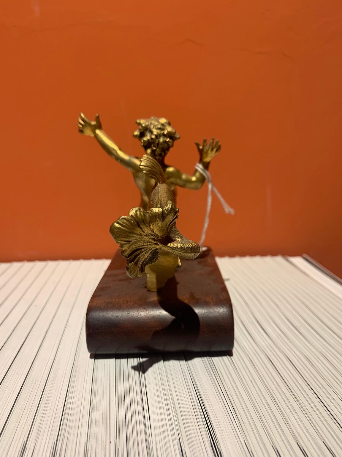 Small gilt bronze objet d'art on wooden base depicting a young sea creature, most likely a newt.
These types of objects were very common in aristocratic homes, often kept in the lord's study as card stoppers, and, in addition to a collector's market