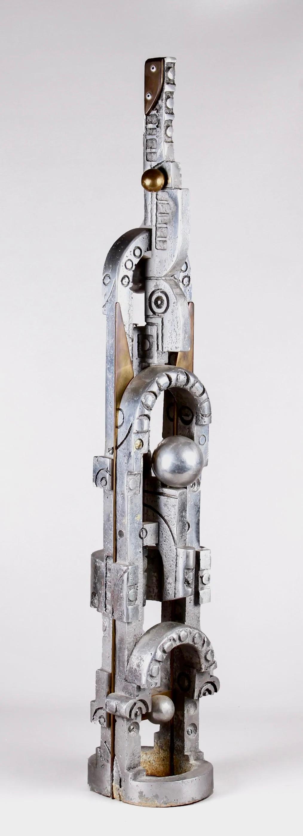 Unknown Abstract Sculpture - Brutalist Aluminum Brass Contemporary Totem Sculpture Abstract non objective