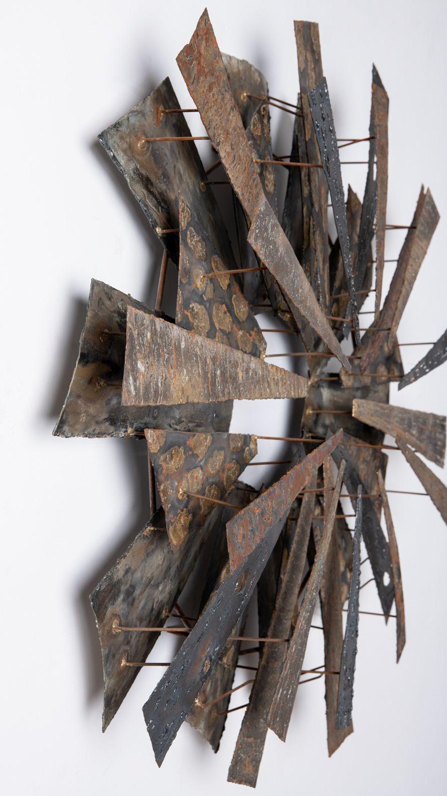 Brutalist Mid-Century Sunburst Wall Sculpture in Mixed Metals by Stuart Mathews For Sale 4