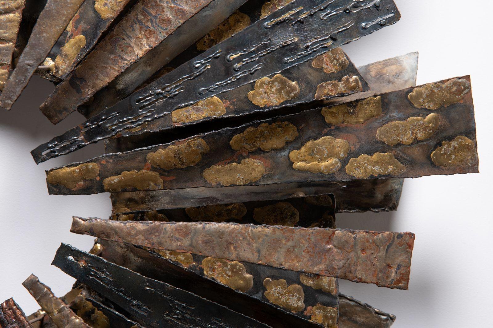Brutalist Mid-Century Sunburst Wall Sculpture in Mixed Metals by Stuart Mathews For Sale 6