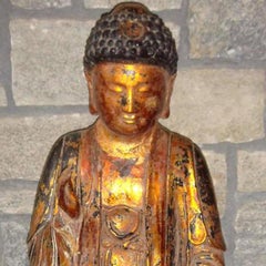 "Buddha Statue I" Unknown Red Gold Black Wood Seated Buddha Statue