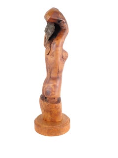 Burled Maple Sculpture Nude Woman with Arms Over Head and Stone