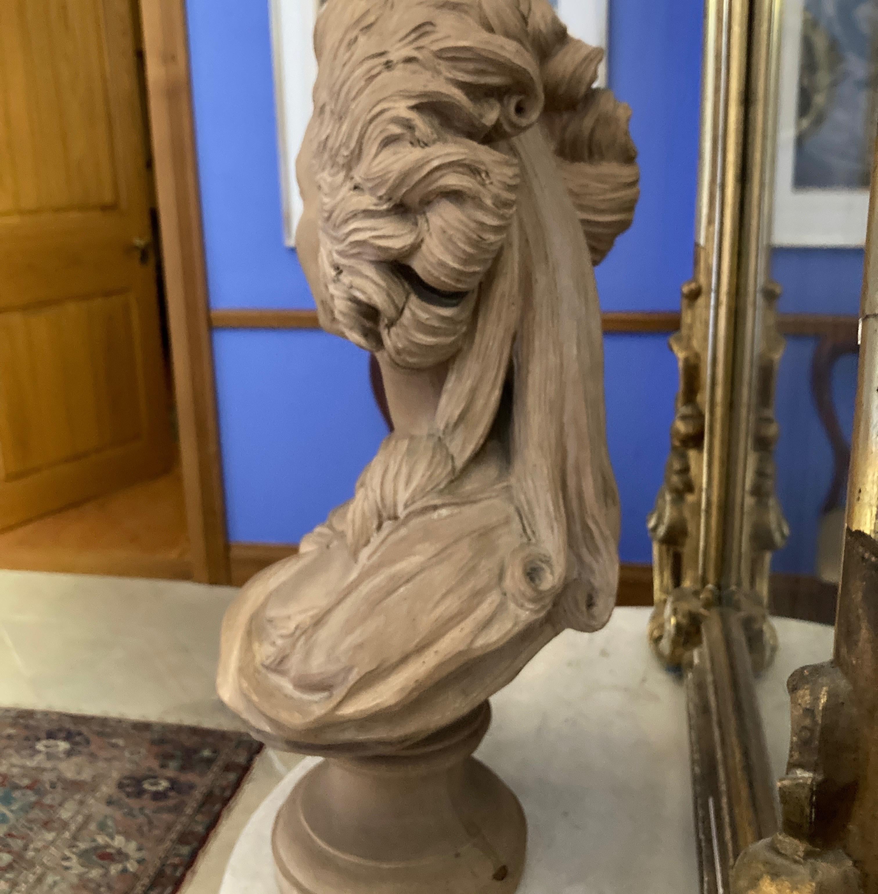 Este impresionante busto de Jean Bécu - Comtesse du Barry es a la vez bello y trágico, y constituye una poderosa pieza de presentación. Ejecutado en terracota que se ha dejado al natural y muestra una compleja gama de color. Descansa sobre un zócalo