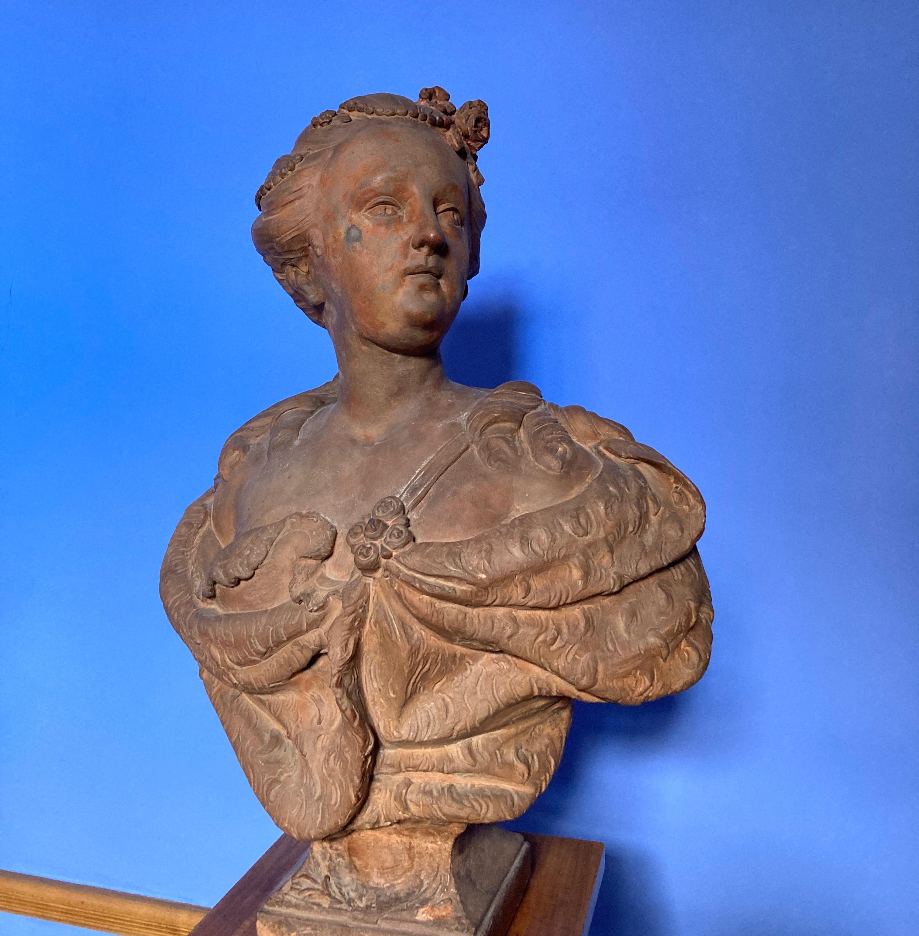 Bust of a Lady, prob Queen Elisabeth Petrowna, Terracotta Sculpture, Baroque Art