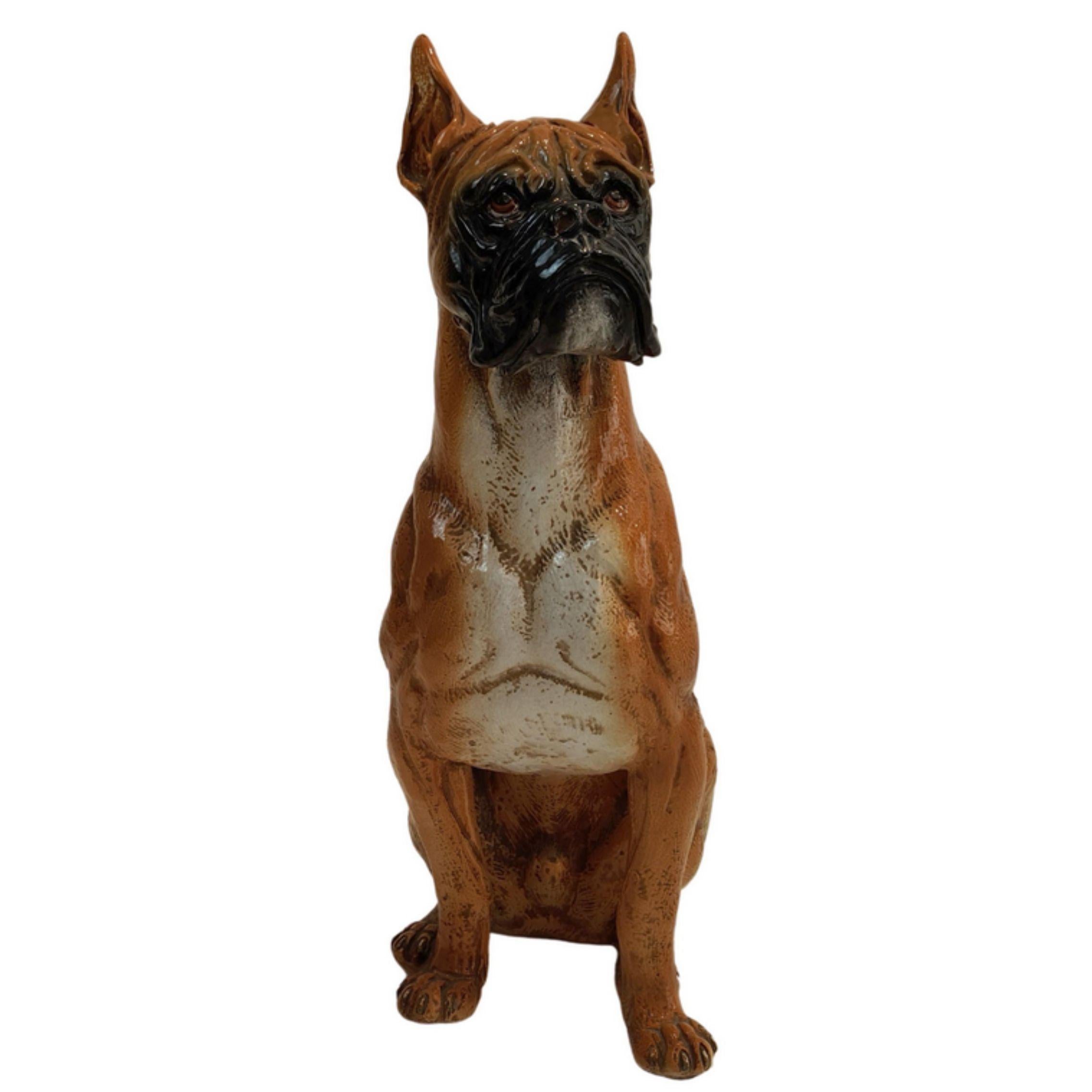 Figurative Sculpture Unknown - Chien de race Boxer en majolique fabriquée en Toscane, Italie, 1960