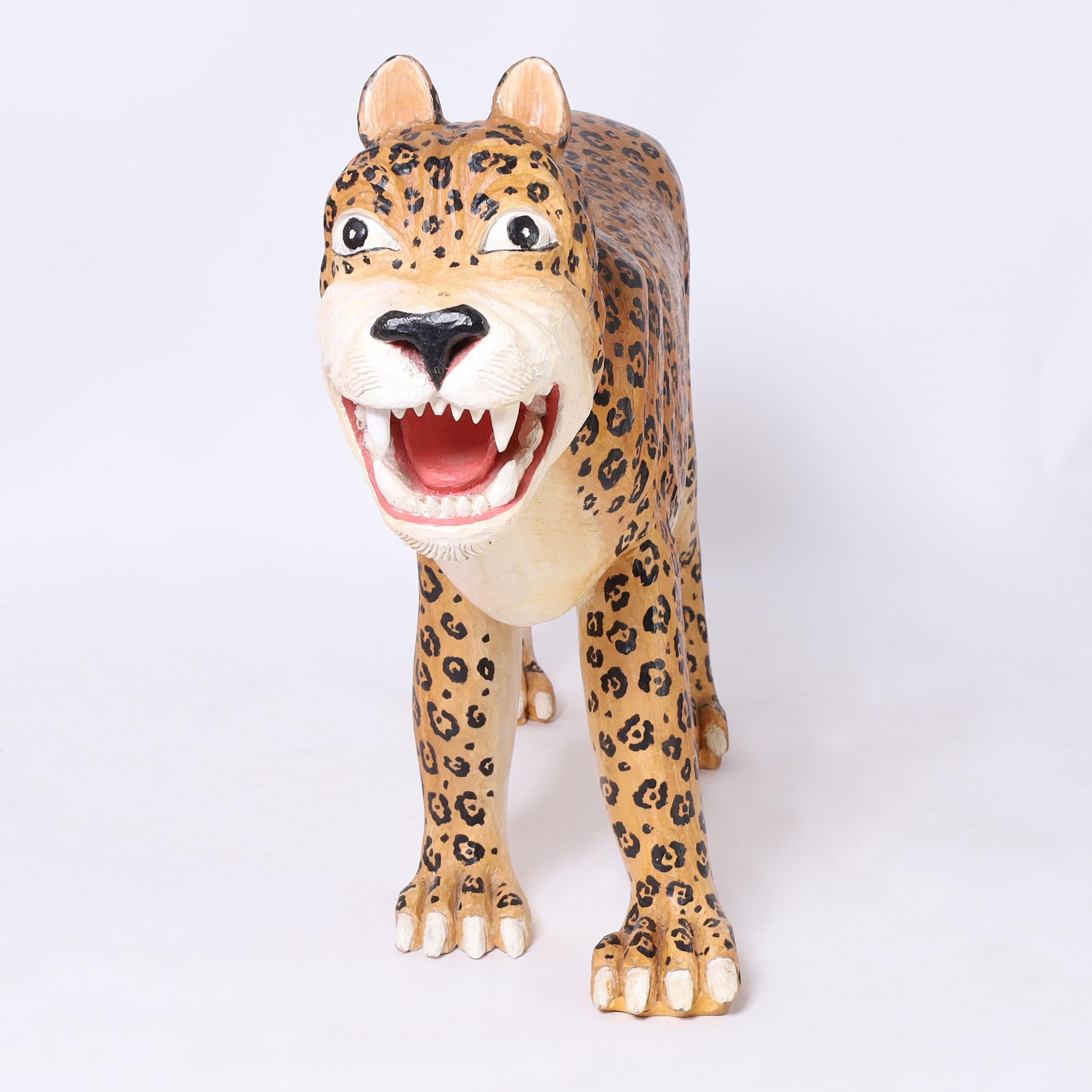 Jaguar ou grand félin en bois sculpté et peint - Artisanat Sculpture par Unknown