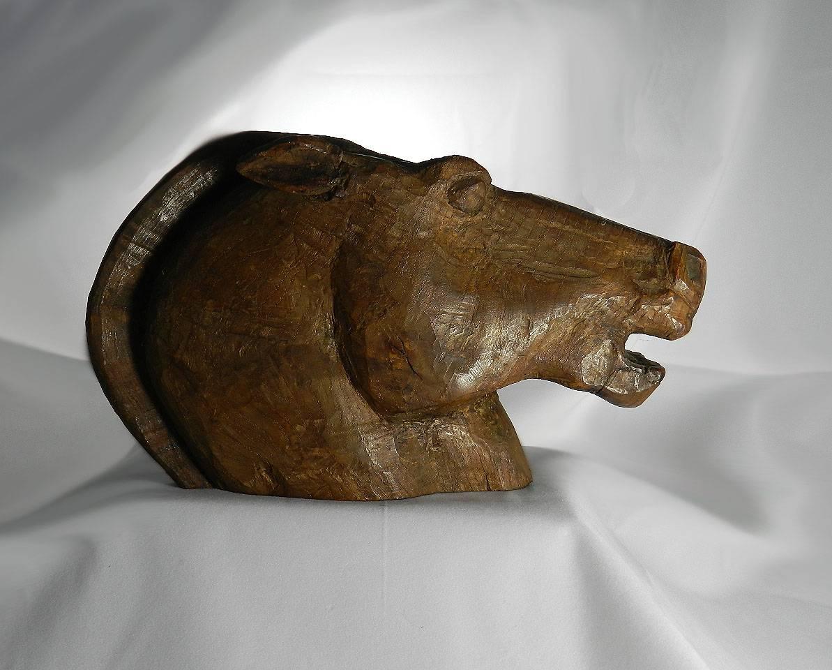 Horse Head Sculpture hand carved oak wood early C20 3