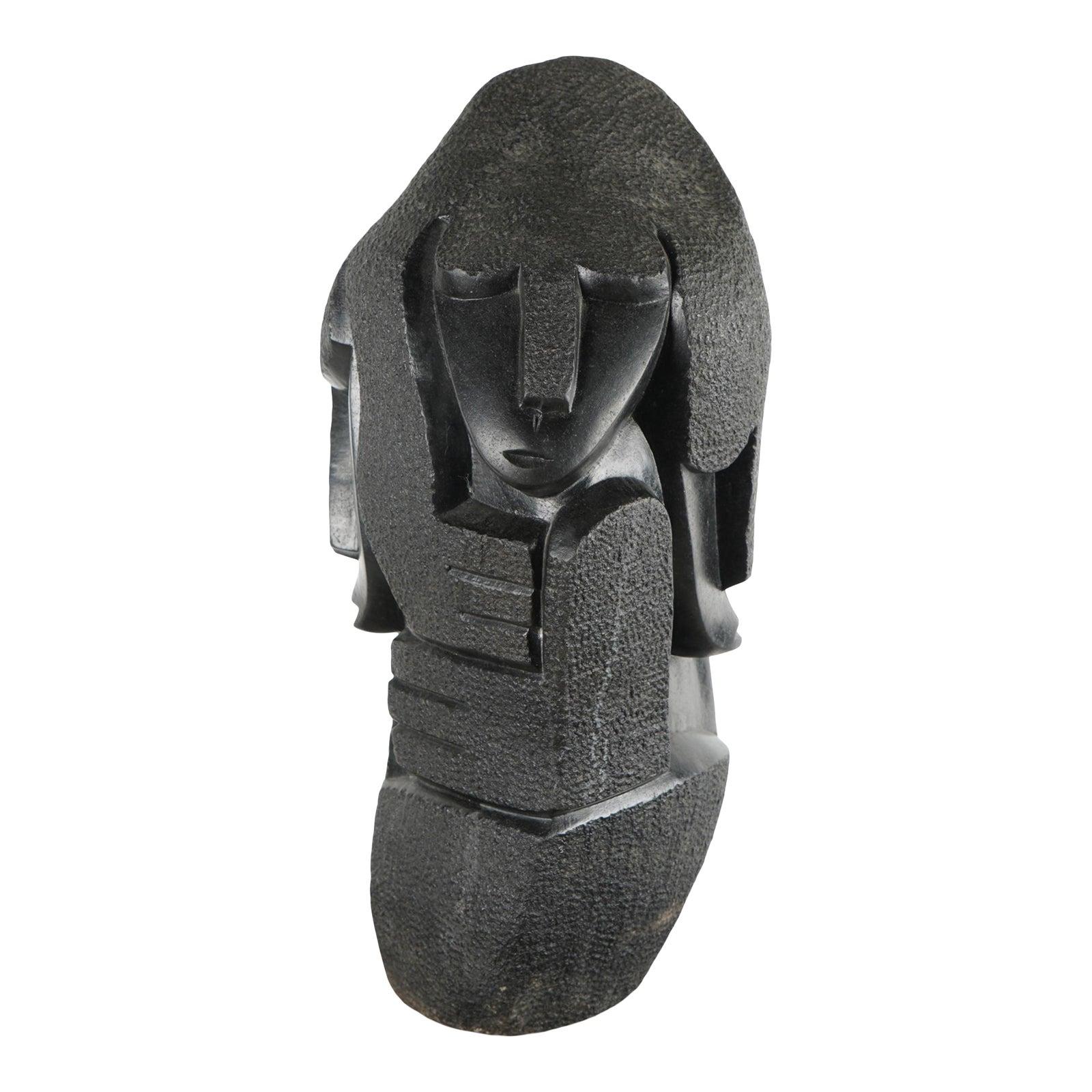 Unknown Abstract Sculpture - Carved African Black Granite Totem Sculpture from Zimbabwe