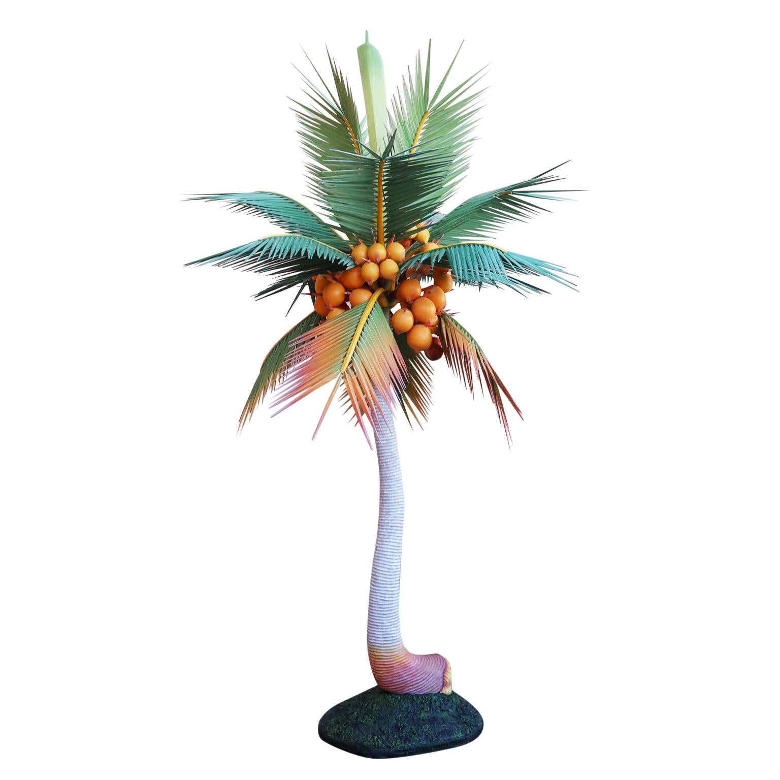 Carved Wood Colorful Life Size Palm Tree Sculpture For Sale 2