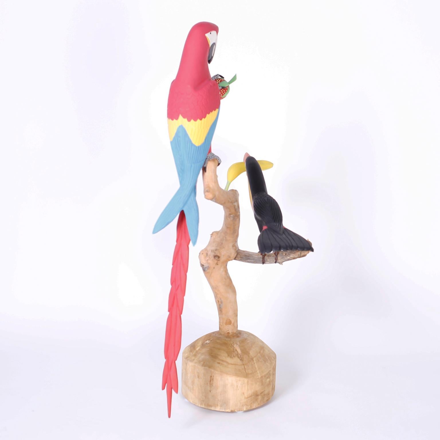 Carved Wood Sculpture of Two Birds in a Tree For Sale 2