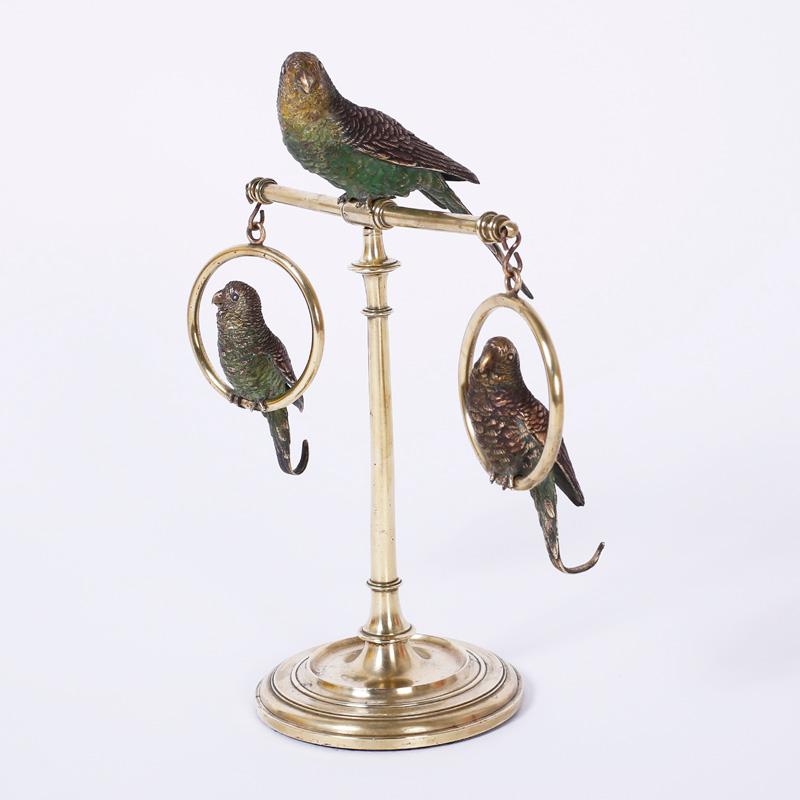Cast Bronze and Cold Painted Perched Parakeet Sculpture For Sale 1