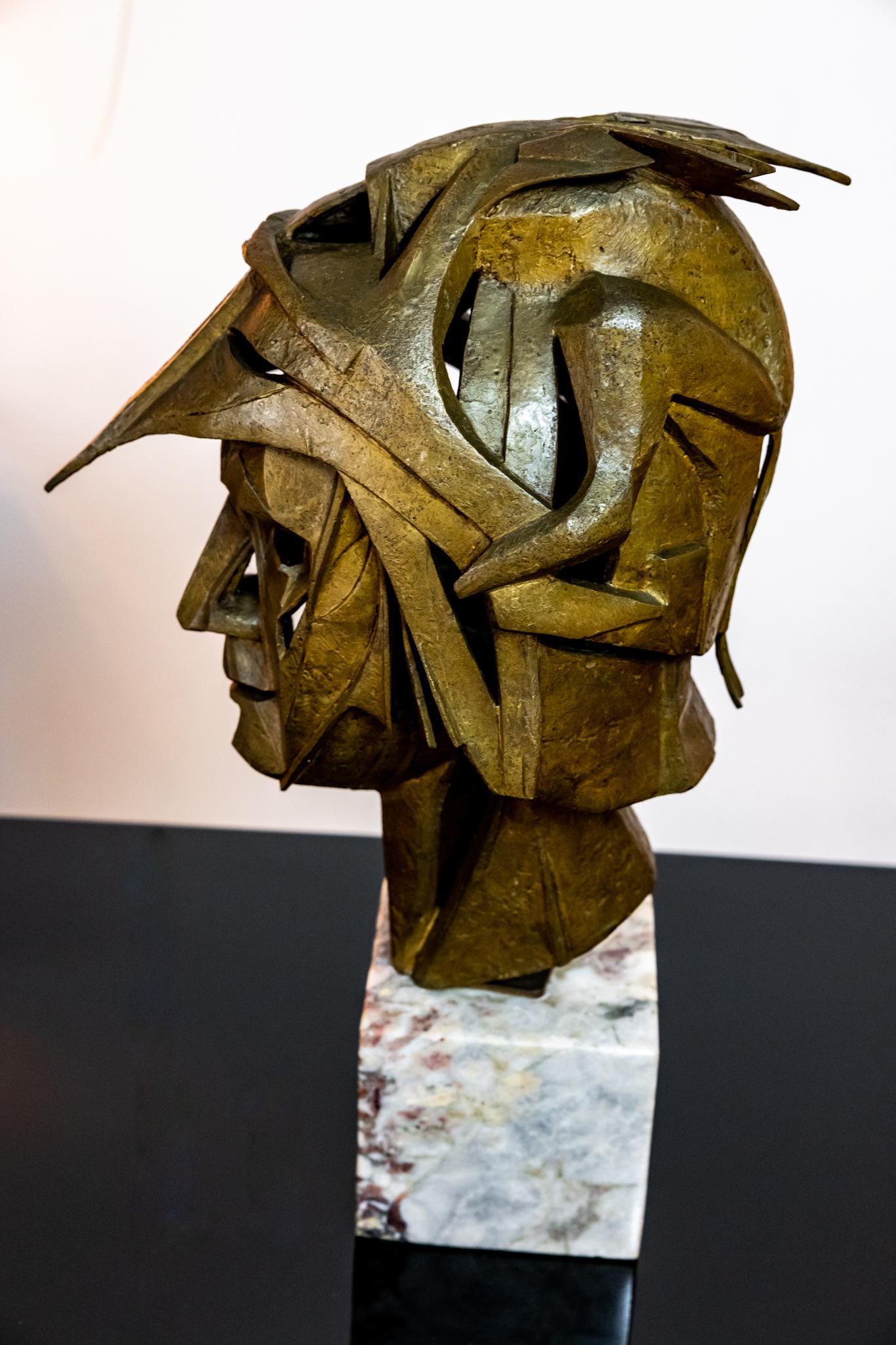 Cast Bronze Brutalist Warrior Bust - Gold Figurative Sculpture by Unknown