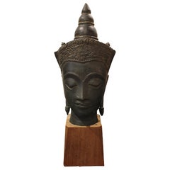 Casted Bronze Sakyamuni Buddha Head in the Khmer Empire Style 