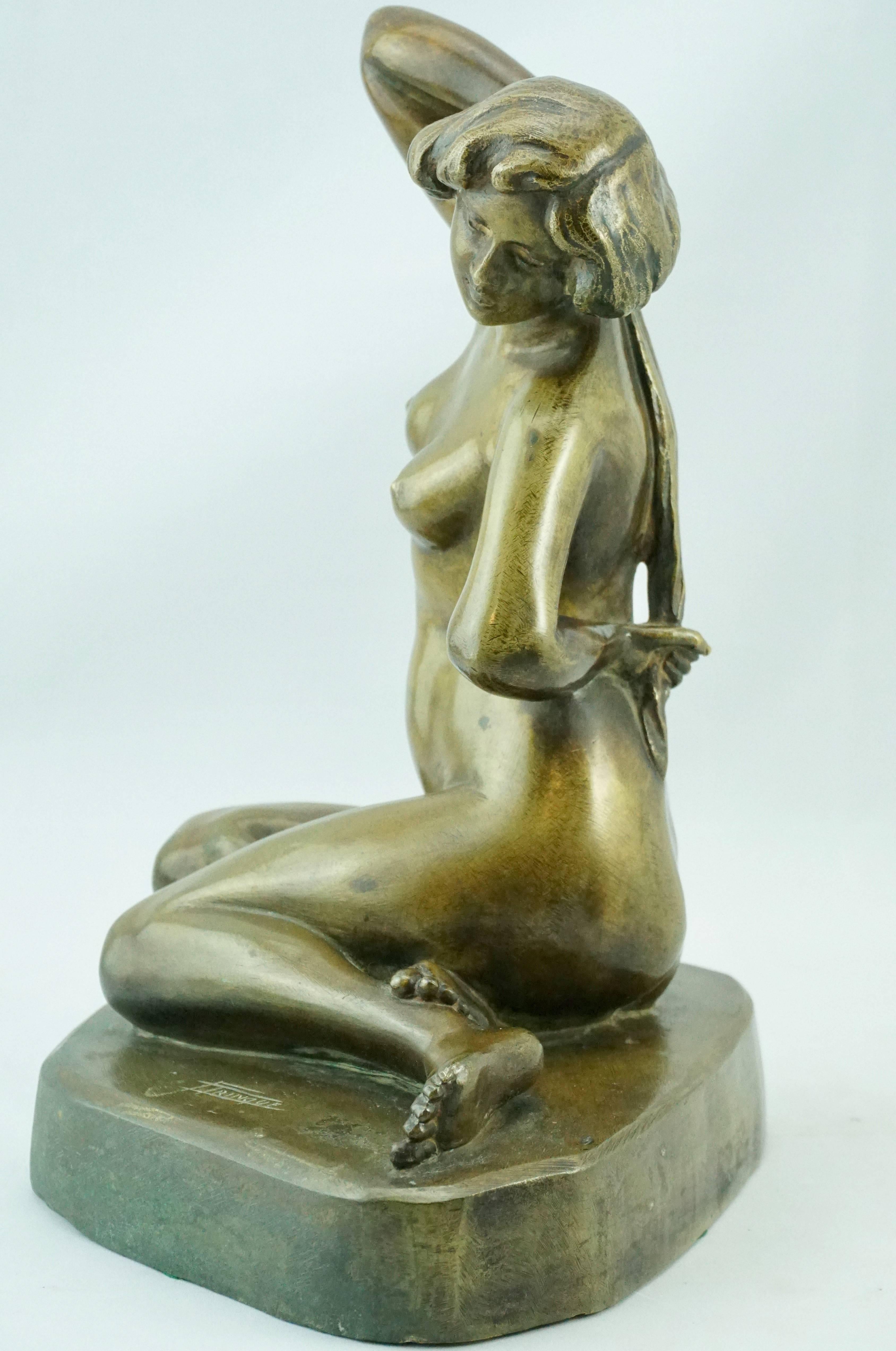 Charming French Art Deco Bronze Nude by F. Trinque, 1930 For Sale 1