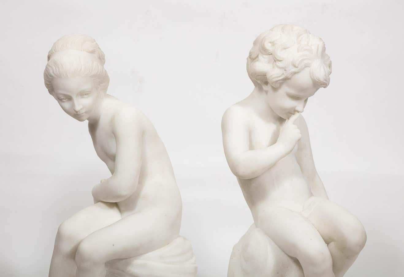Charming Pair of Italian Carrara Marble Figures of Children, 19th Century 7
