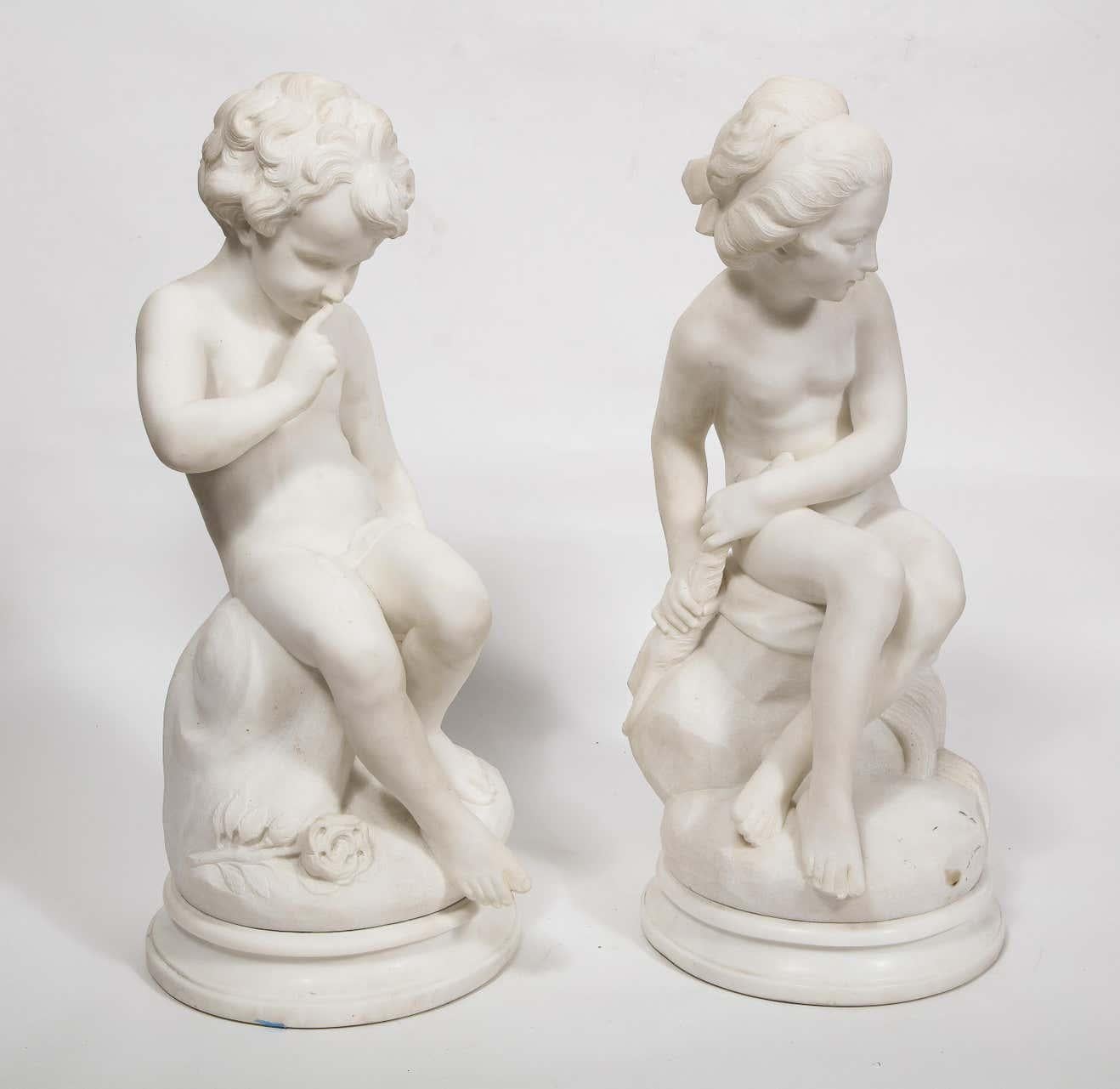 Charming Pair of Italian Carrara Marble Figures of Children, 19th Century 9