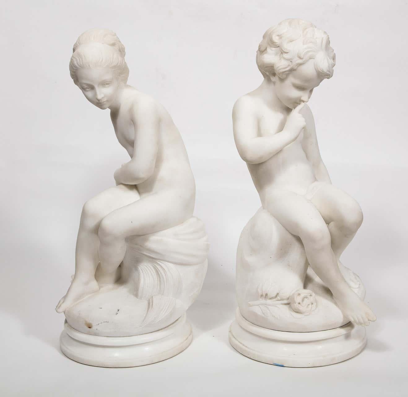 Charming Pair of Italian Carrara Marble Figures of Children, 19th Century - Sculpture by Unknown