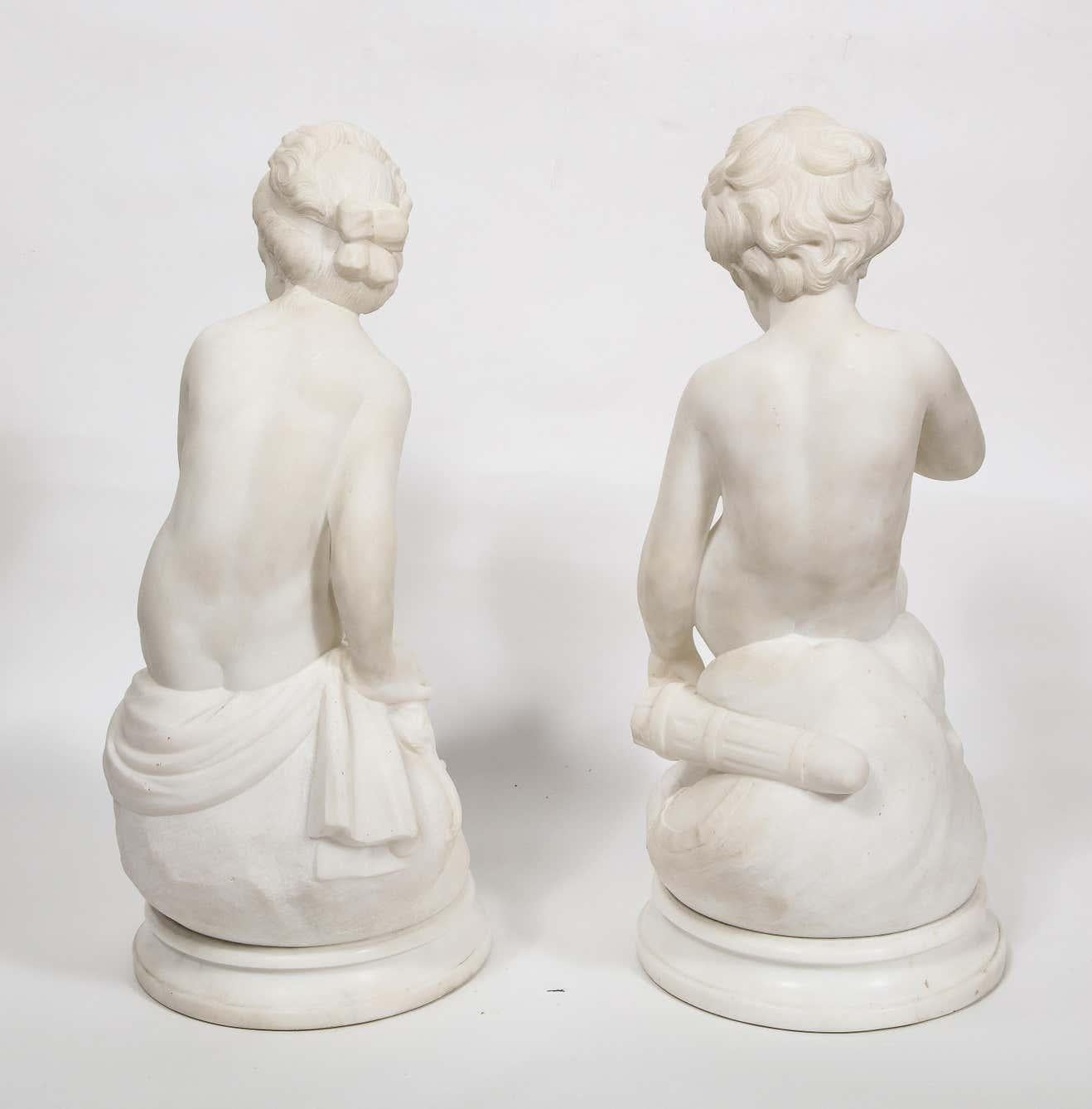 Charming Pair of Italian Carrara Marble Figures of Children, 19th Century 3